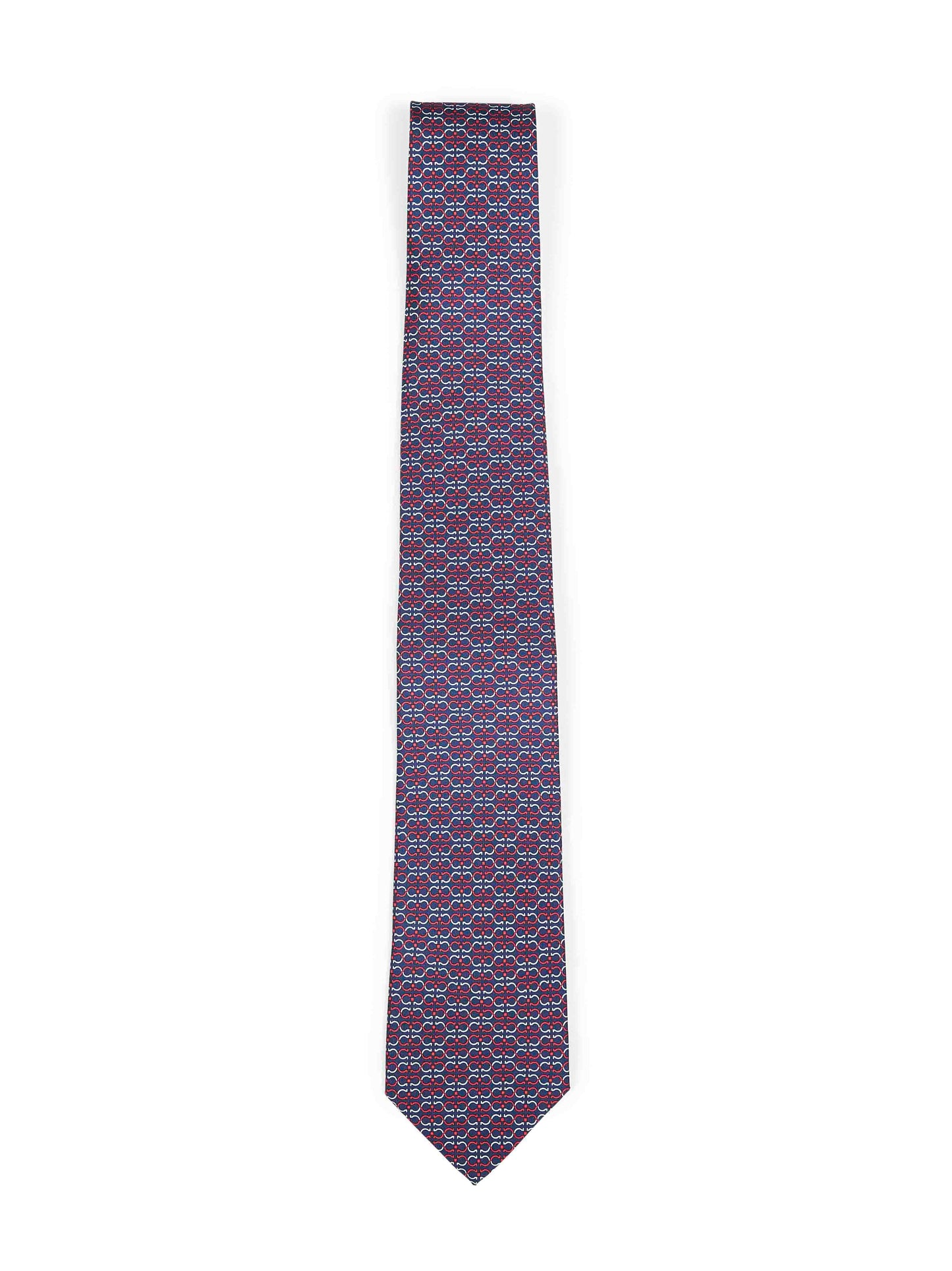 Ferragamo Men Navy Blue And Red Gancini Silk Twill Zelig Tie FERRAGAMO