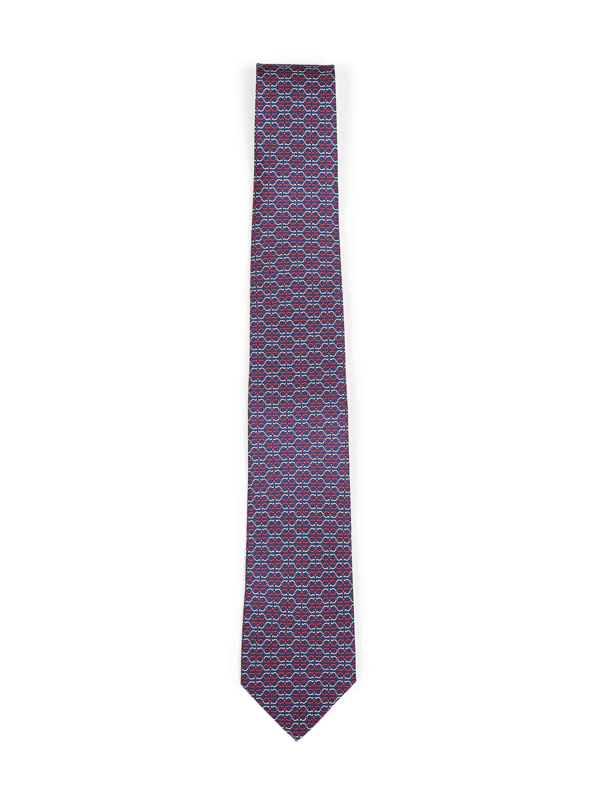 Ferragamo Men Navy Blue And Red Gancini Silk Twill Zelig Tie FERRAGAMO