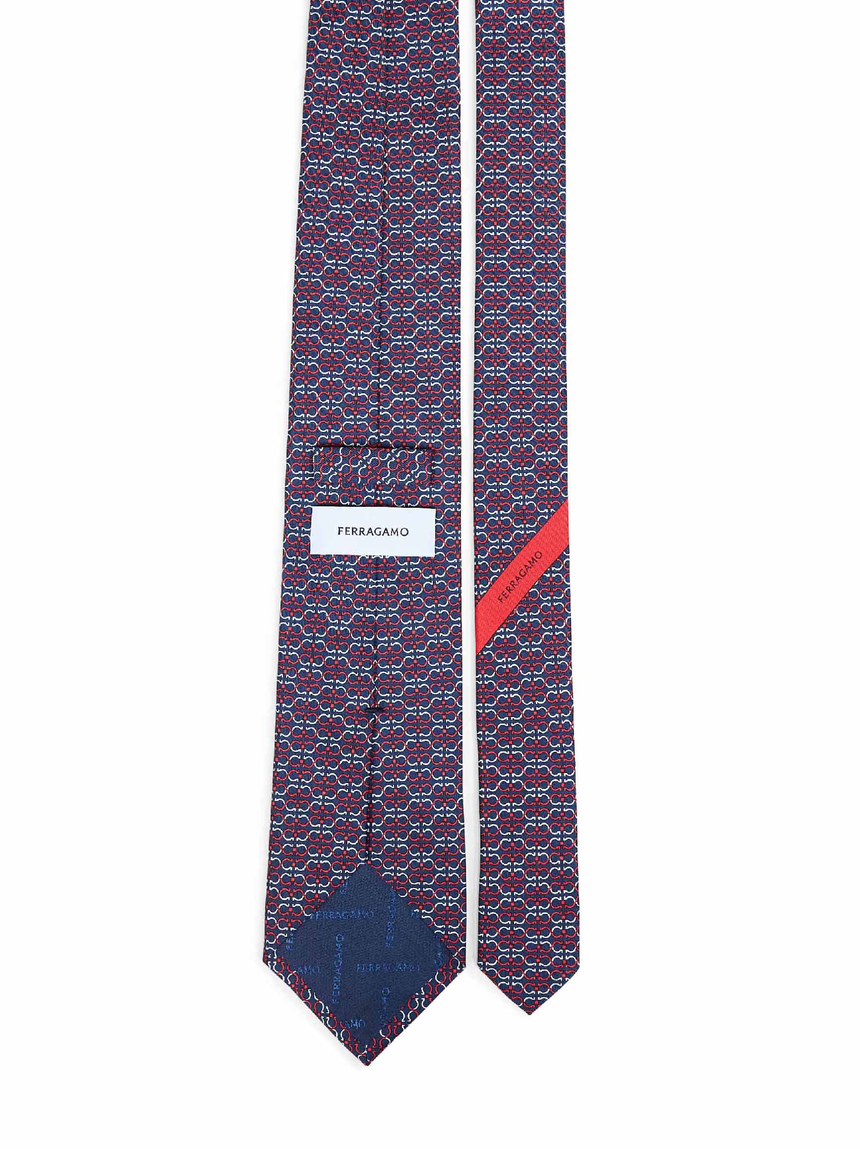Ferragamo Men Navy Blue And Red Gancini Silk Twill Zelig Tie FERRAGAMO