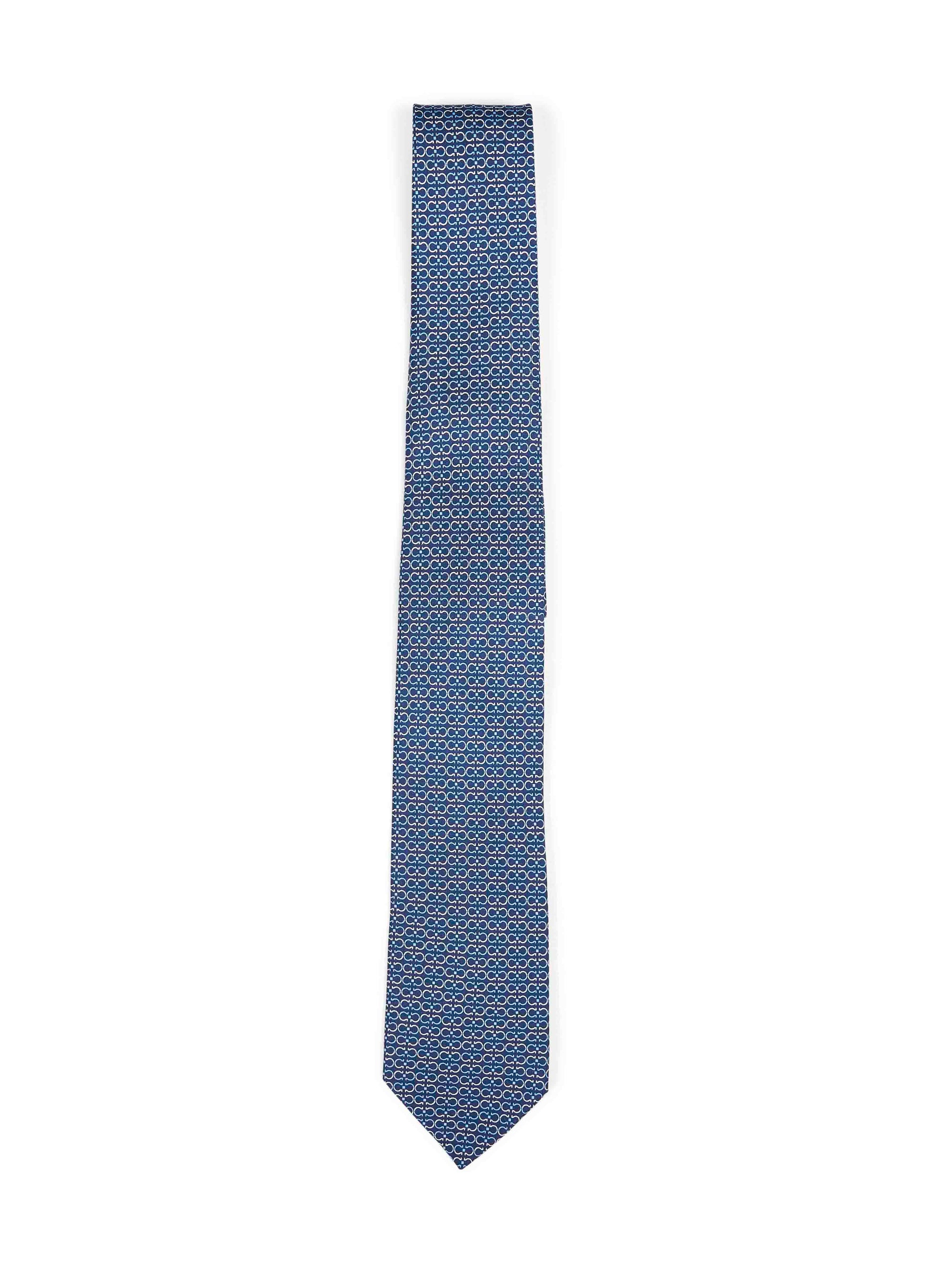 Ferragamo Men Marine Blue Gancini Silk Twill Zelig Tie FERRAGAMO