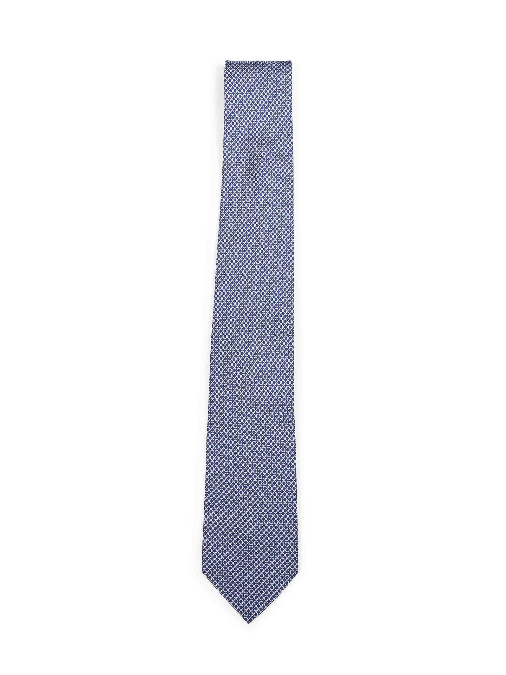 Ferragamo Men Navy Blue Gancini Print Silk Tie FERRAGAMO