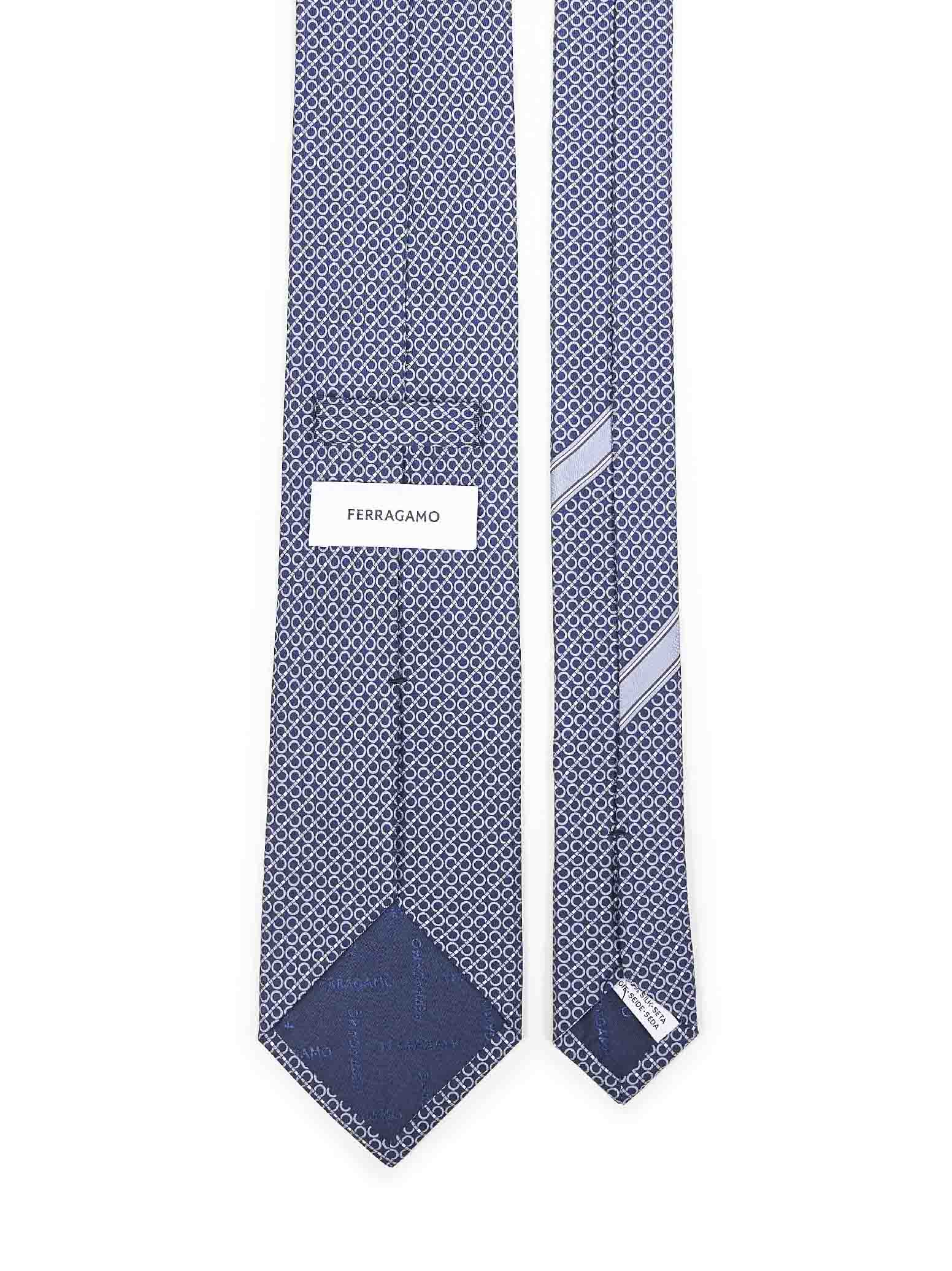 Ferragamo Men Navy Blue Gancini Print Silk Tie FERRAGAMO