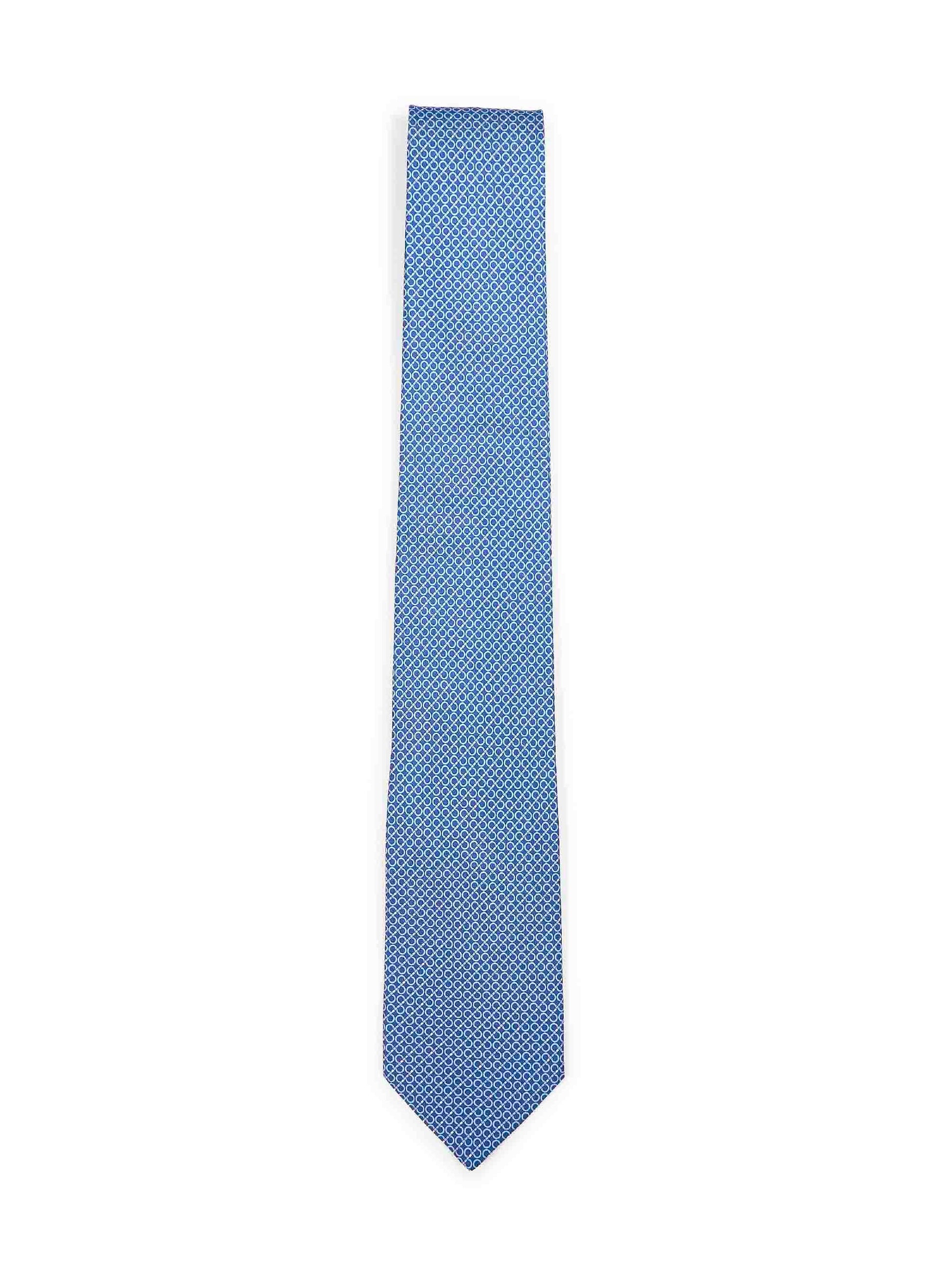 Ferragamo Men Royal Blue Gancini Print Silk Tie FERRAGAMO