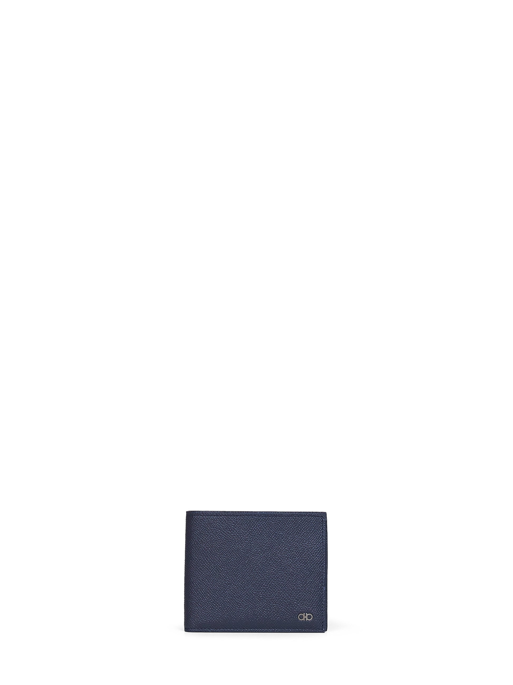 Ferragamo Men Dark Navy Blue Hammered Calfskin Gancini Wallet<Br/> FERRAGAMO