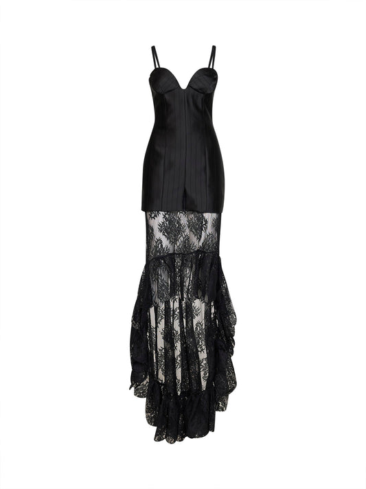 Giuseppe Di Morabito Women Black Striped Satin Jacquard Bustier Dress With Lace Skirt GIUSEPPE DI MORABITO