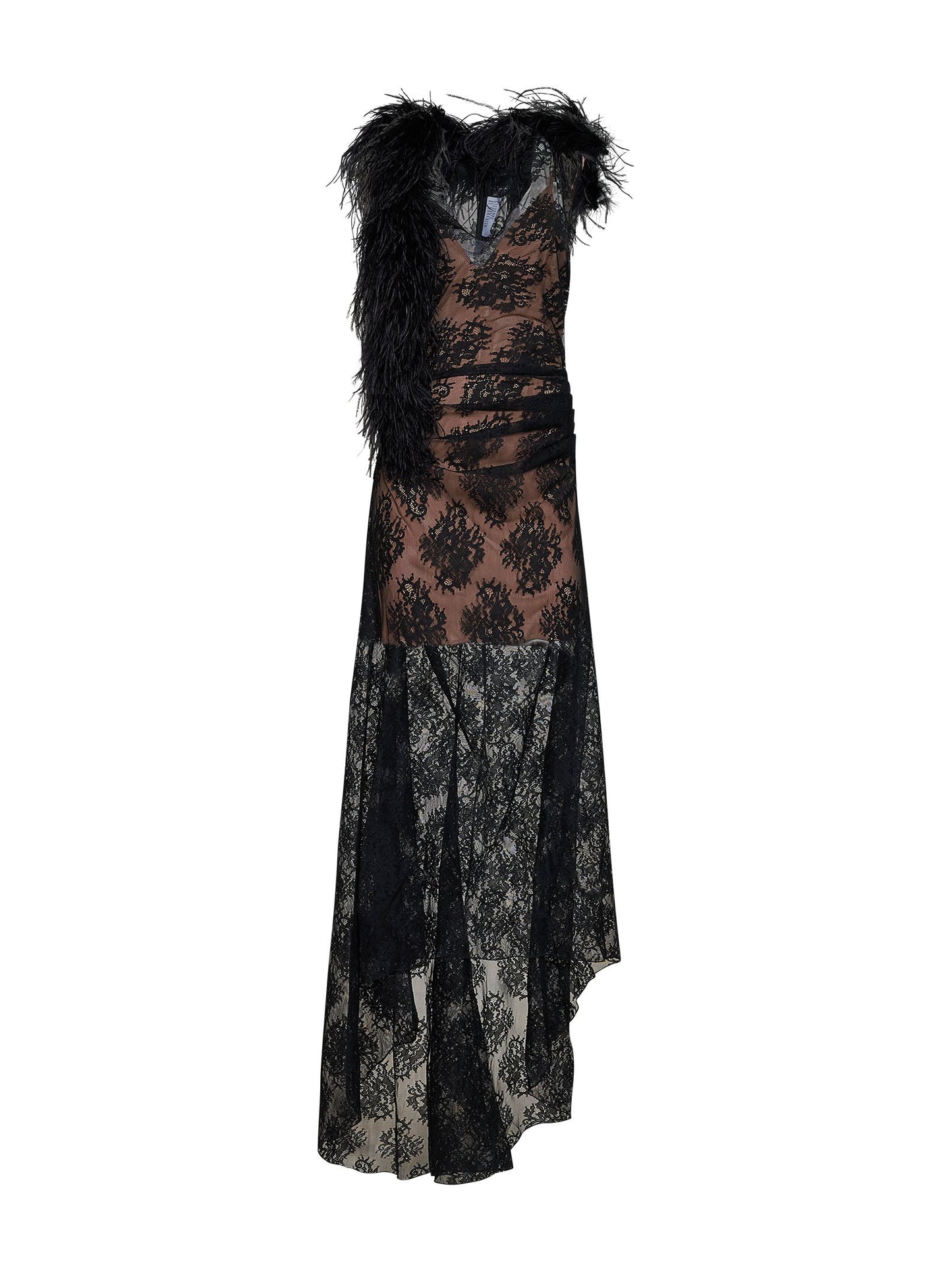 Giuseppe Di Morabito Women Black Lace Long Dress With Feather Trim GIUSEPPE DI MORABITO