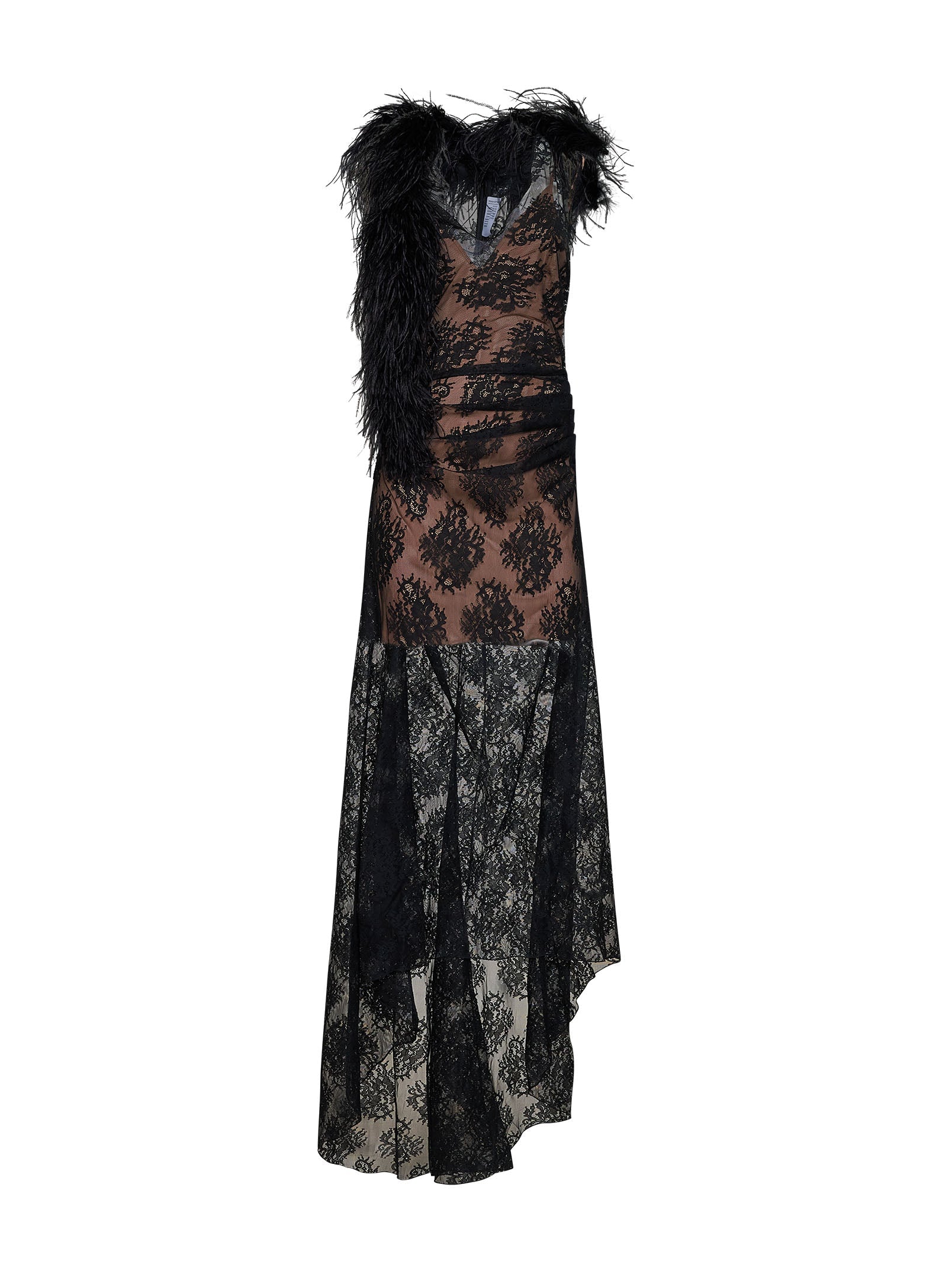 Giuseppe Di Morabito Women Black Lace Long Dress With Feather Trim GIUSEPPE DI MORABITO