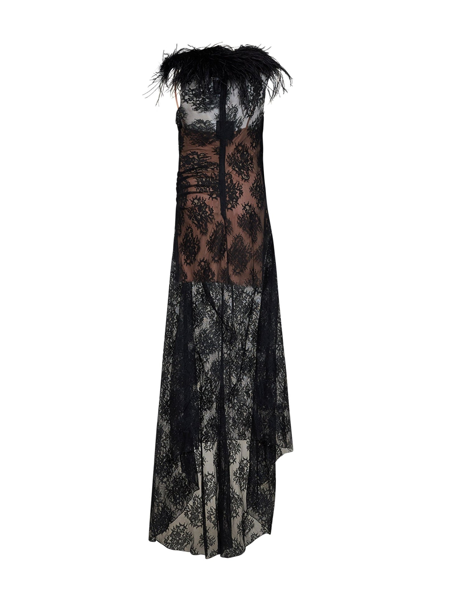 Giuseppe Di Morabito Women Black Lace Long Dress With Feather Trim GIUSEPPE DI MORABITO