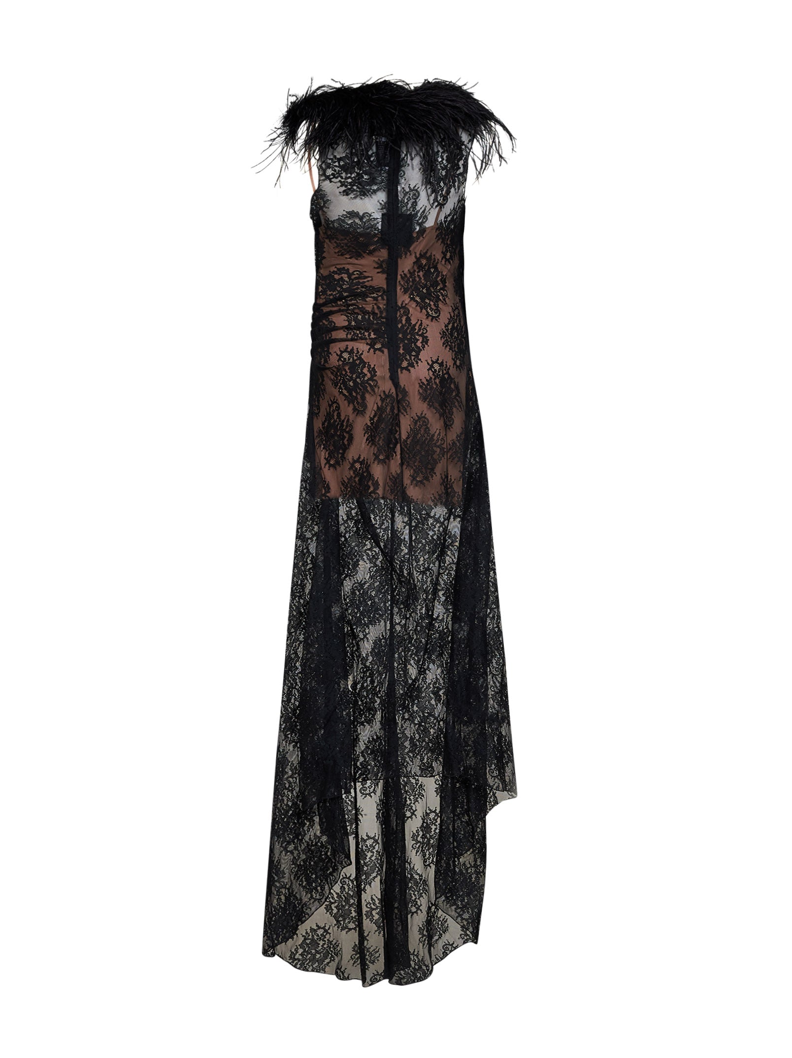Giuseppe Di Morabito Women Black Lace Long Dress With Feather Trim GIUSEPPE DI MORABITO
