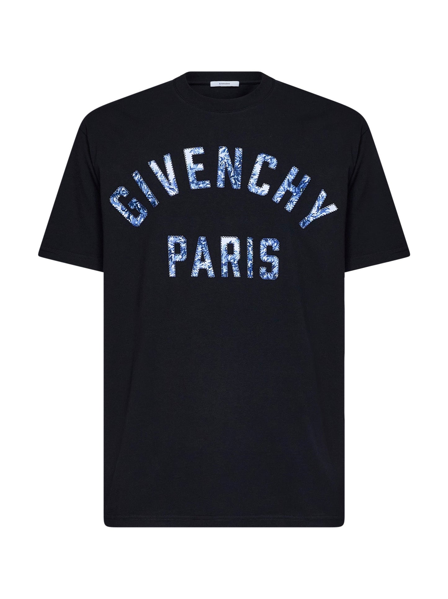 Givenchy Men Black Cotton T-Shirt With Givenchy Paris Pompom Embroidery GIVENCHY