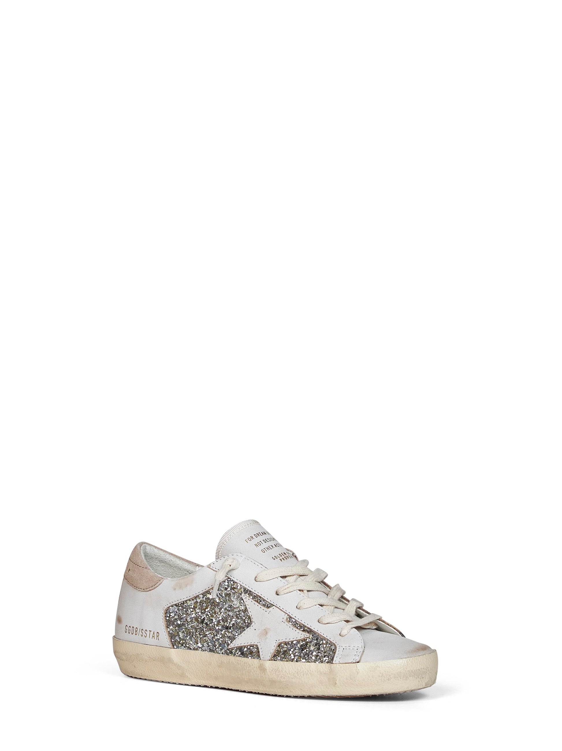 Golden Goose Women White Leather And Platinum Glitter Super-Star Sneakers GOLDEN GOOSE