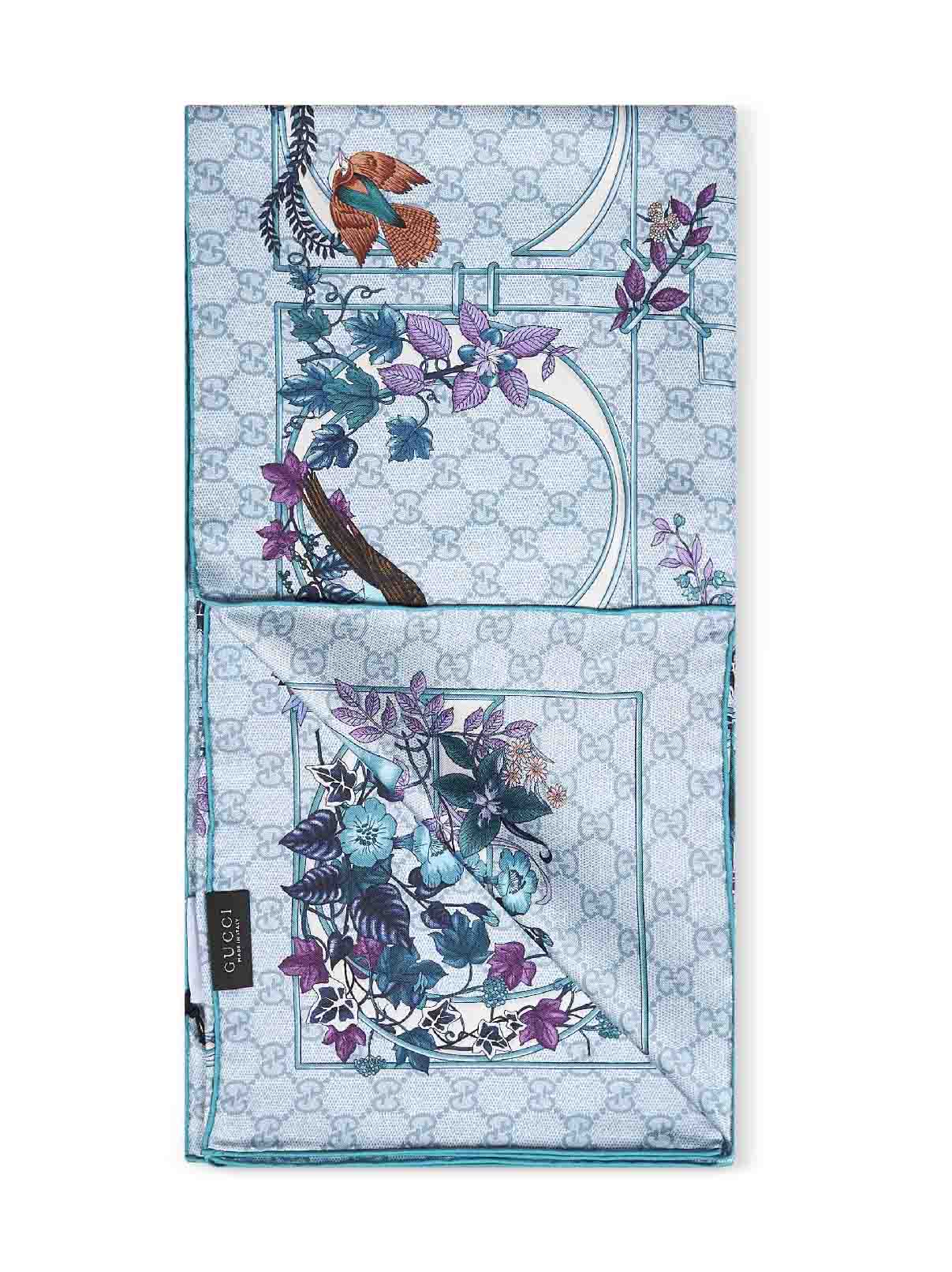 Gucci Women Light Blue Printed Silk Twill Scarf<Br/> GUCCI