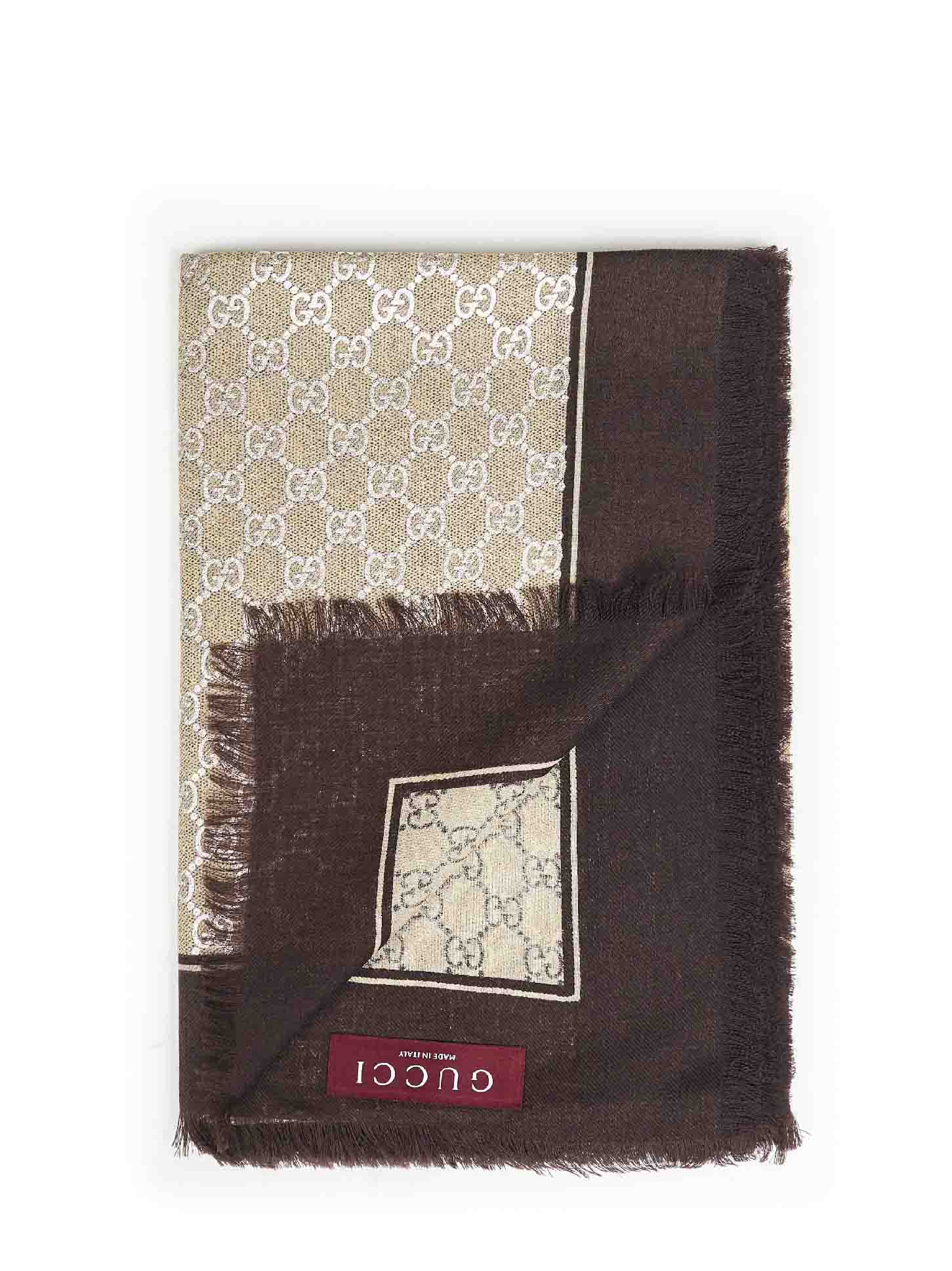 Gucci Women Brown Laminated Gg Wool Shawl GUCCI
