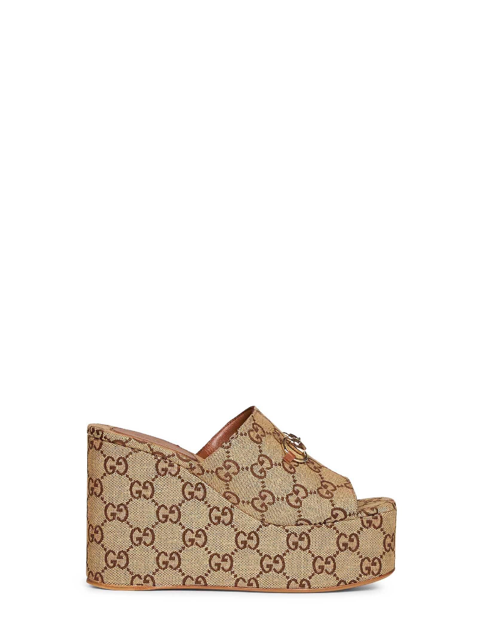 Gucci Men Beige And Dark Brown Horsebit Wedge Sandals GUCCI