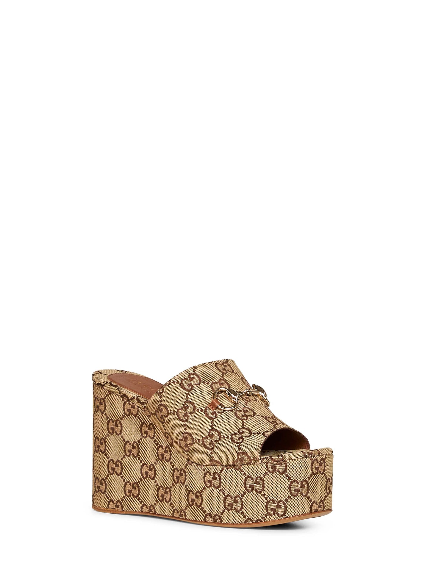 Gucci Men Beige And Dark Brown Horsebit Wedge Sandals GUCCI