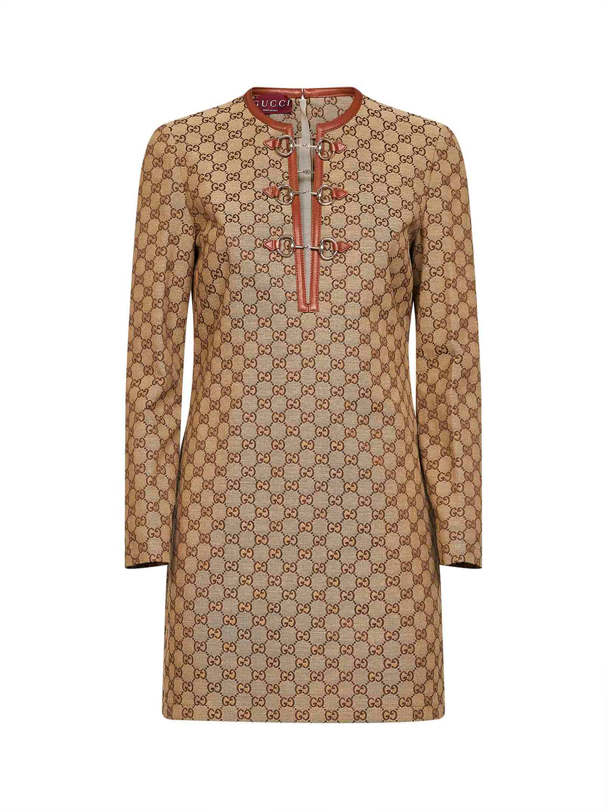 Gucci Women Camel And Dark Brown Gg Canvas Mini Dress With Horsebit GUCCI