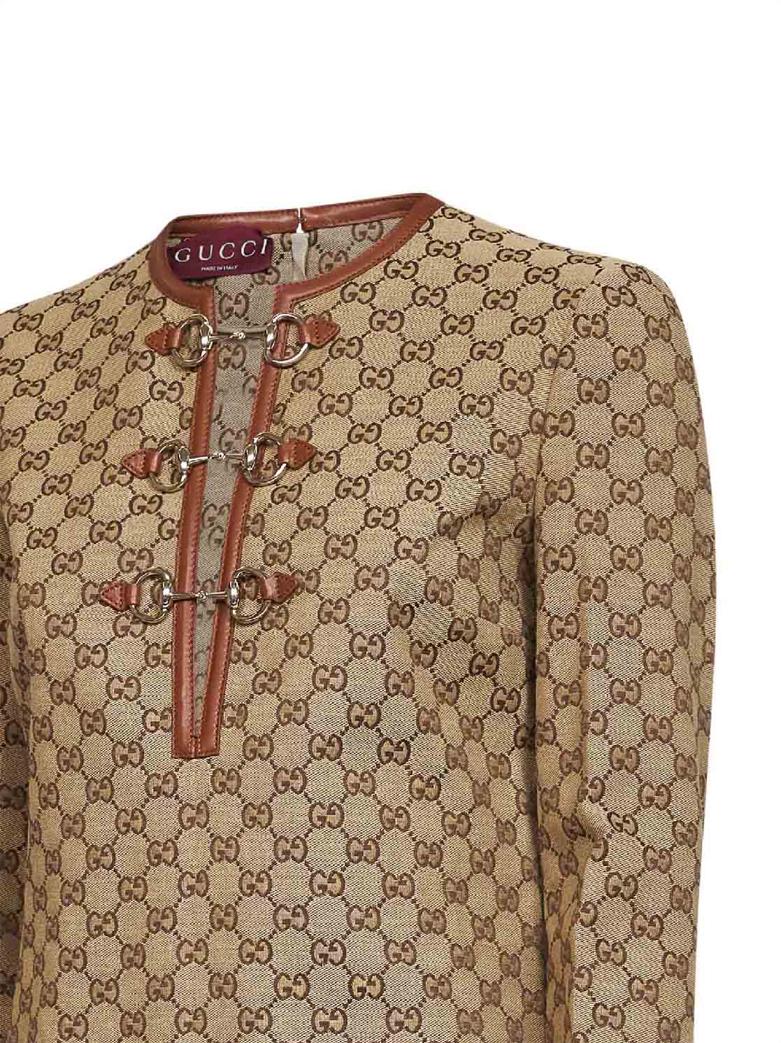 Gucci Women Camel And Dark Brown Gg Canvas Mini Dress With Horsebit GUCCI