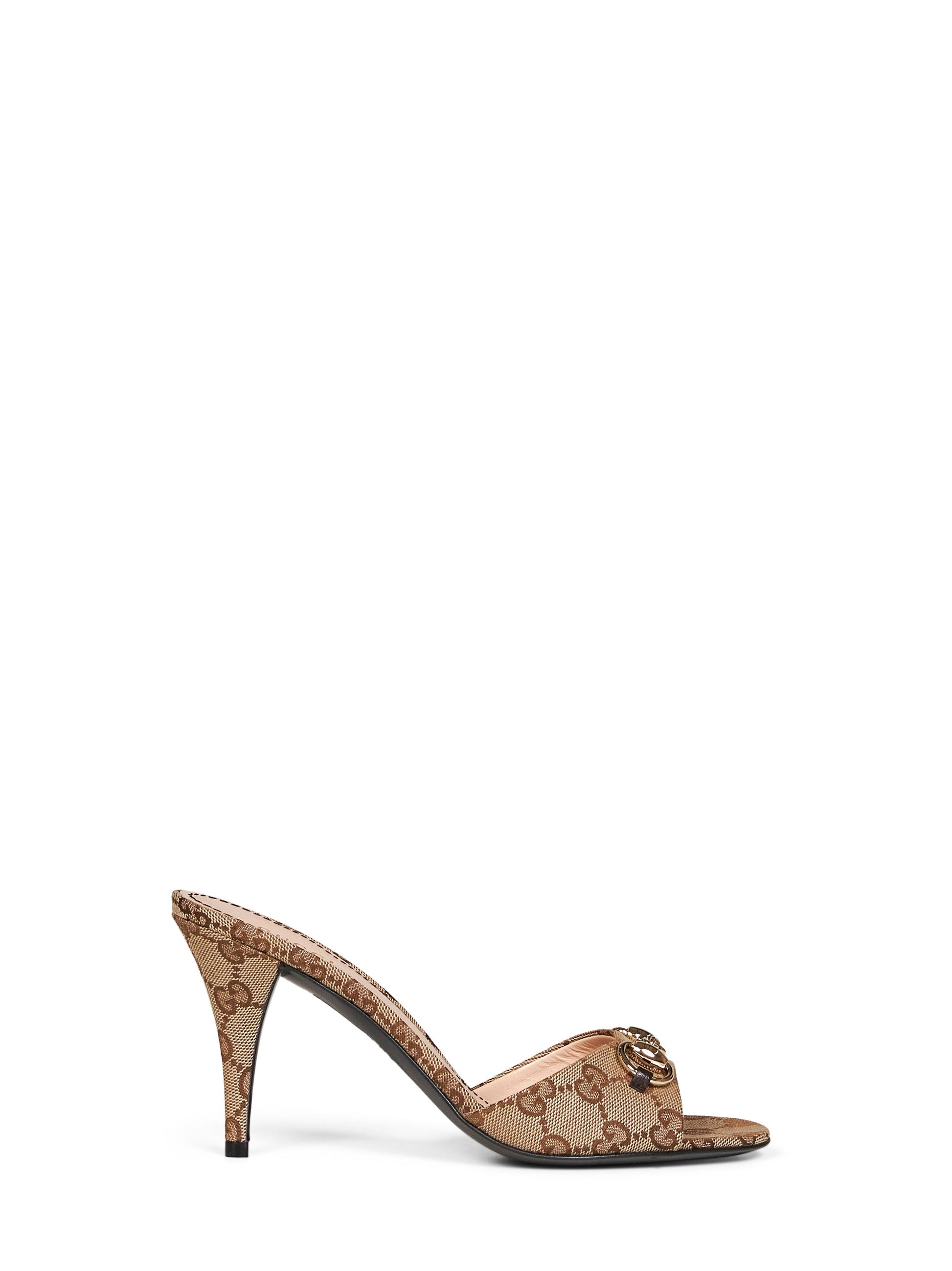 Gucci Women Beige And Dark Brown Gg Fabric Horsebit Slide Sandals GUCCI