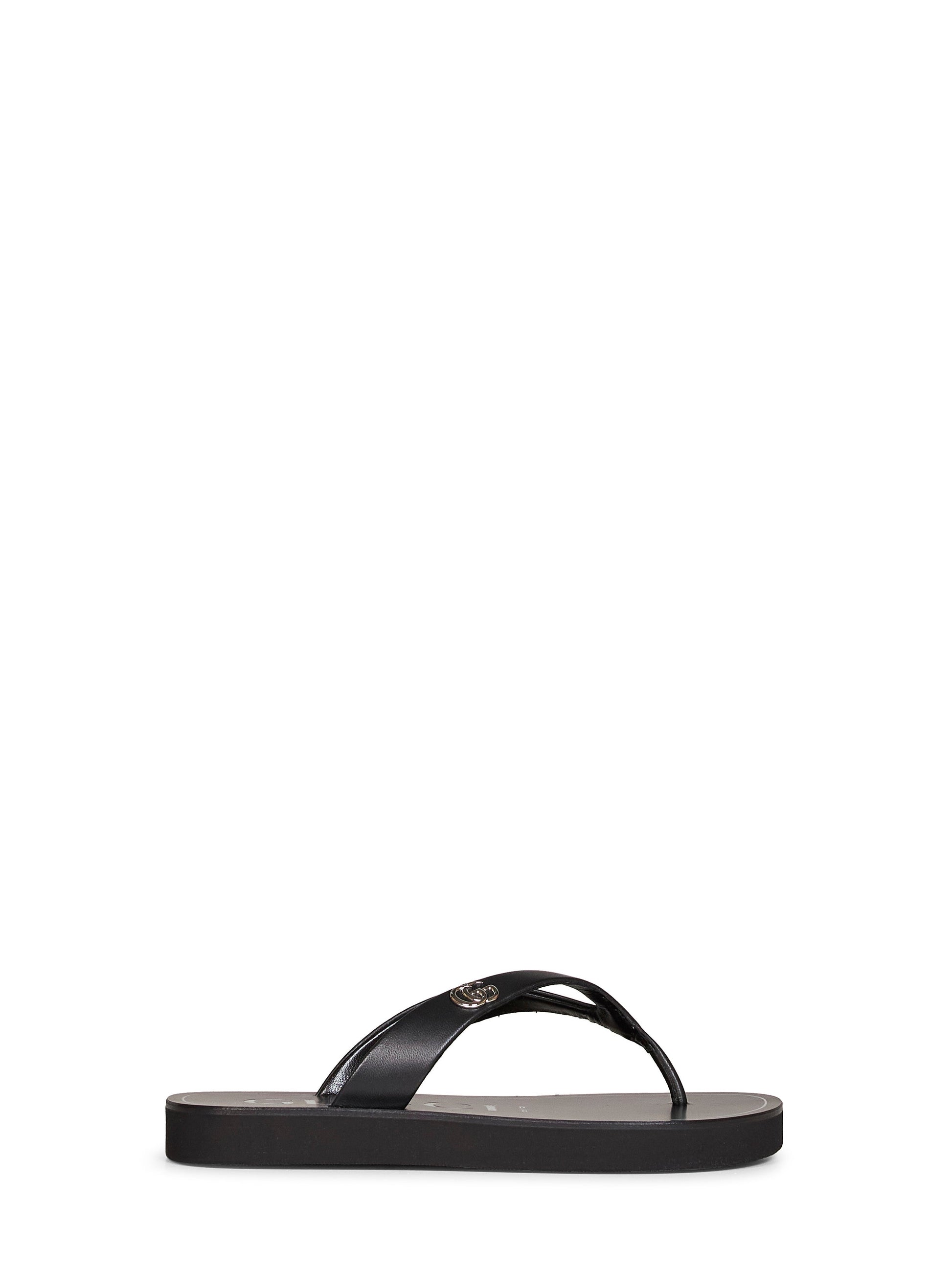 Gucci Women Black Nappa Leather Platform Thong Sandals With Double G GUCCI