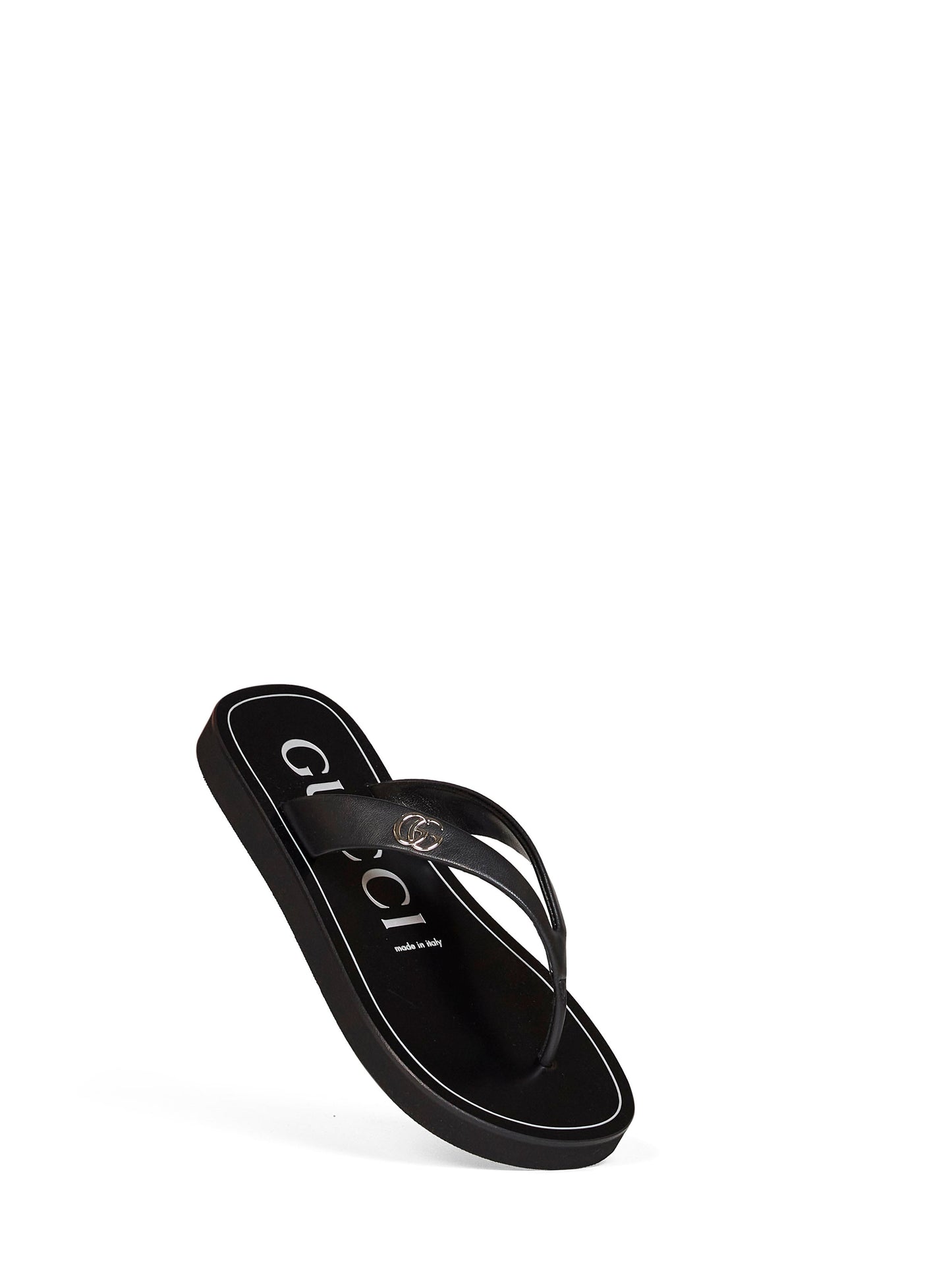 Gucci Women Black Nappa Leather Platform Thong Sandals With Double G GUCCI