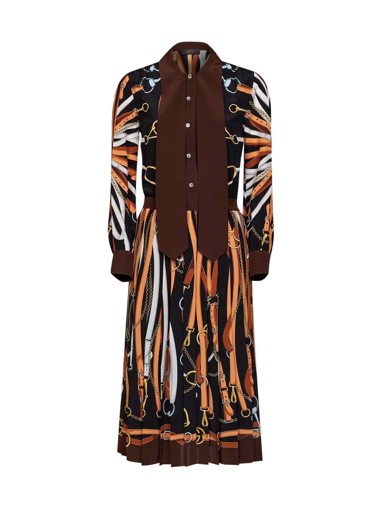 Gucci Women Black And Brown Printed Silk Midi Shirt Dress GUCCI