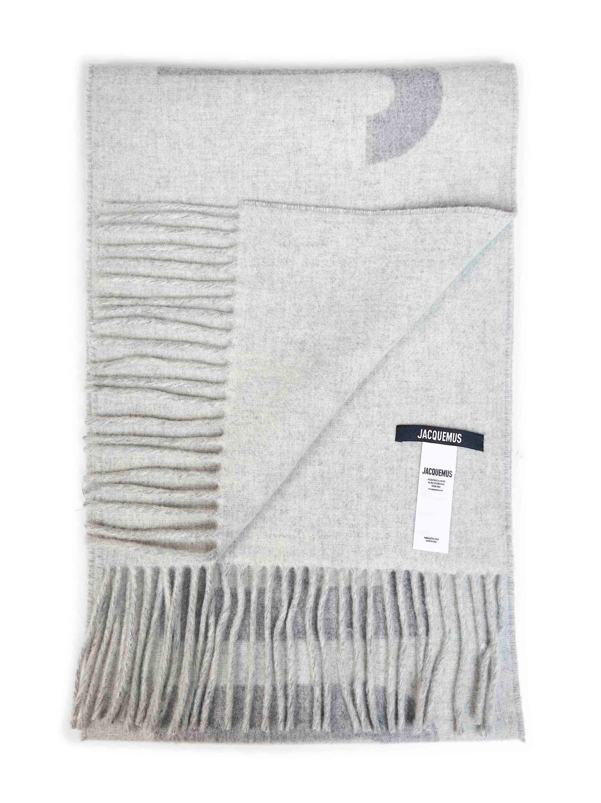 Jacquemus Women Grey Wool The Jacquemus Fringe Logo Scarf JACQUEMUS