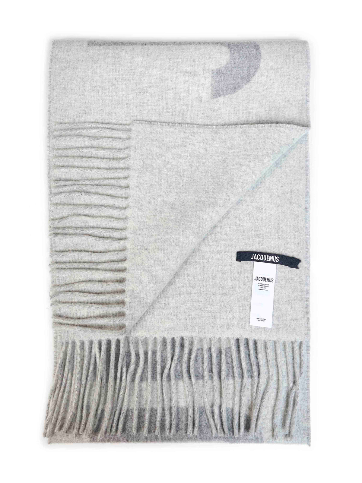 Jacquemus Men Grey Wool The Jacquemus Fringe Logo Scarf JACQUEMUS
