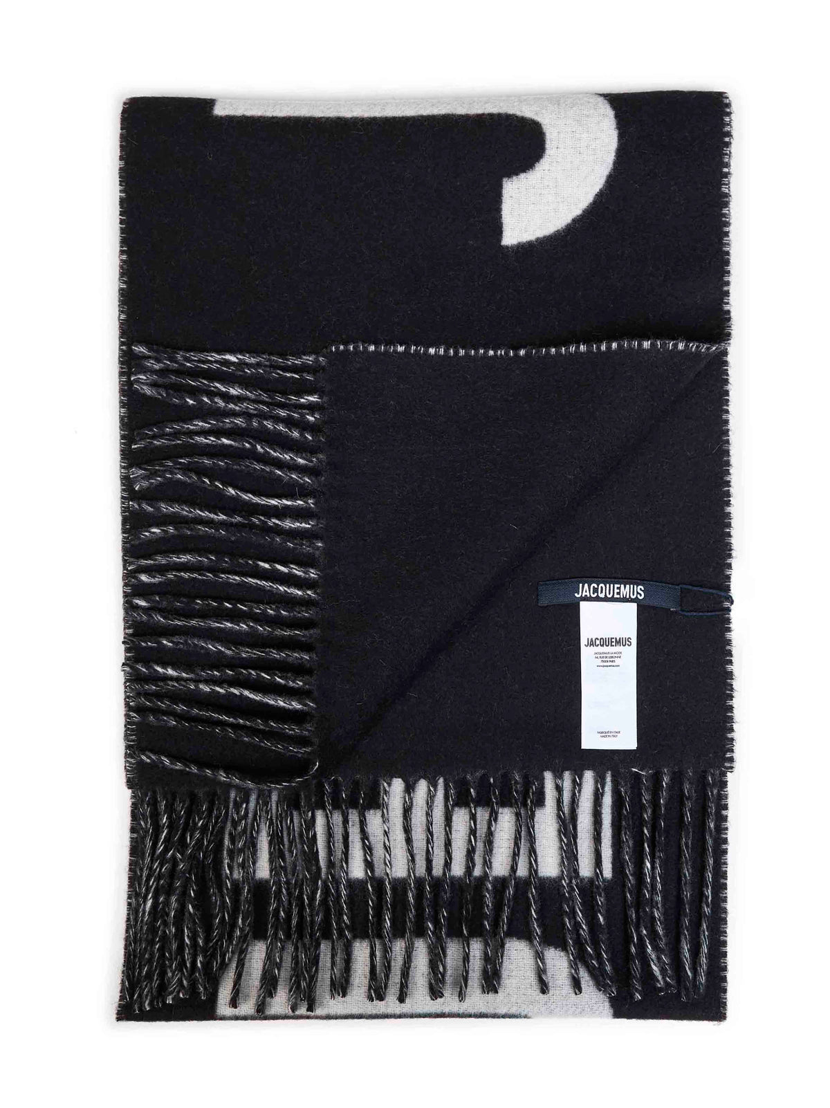 Jacquemus Men Black Wool The Jacquemus Fringe Logo Scarf JACQUEMUS