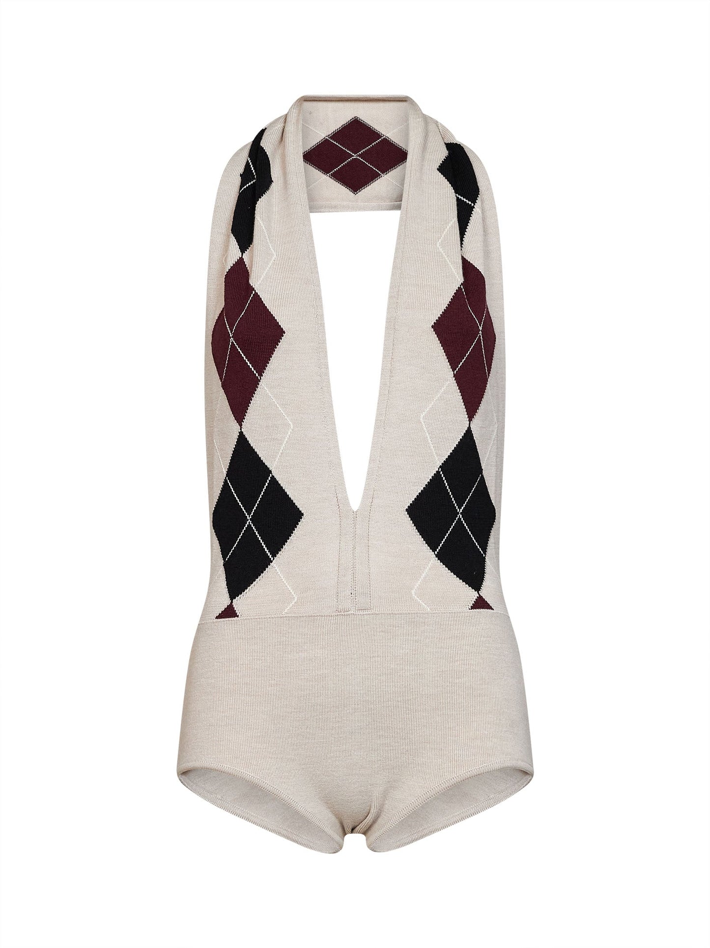 Mugler Women Beige Argyle-Pattern Virgin Wool Knit Bodysuit MUGLER