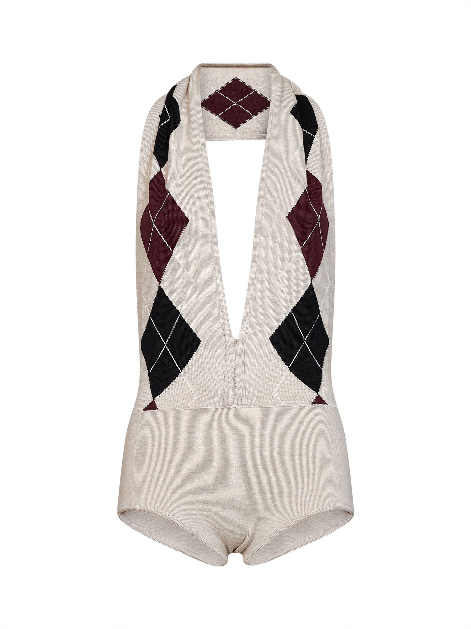 Mugler Women Beige Argyle-Pattern Virgin Wool Knit Bodysuit MUGLER