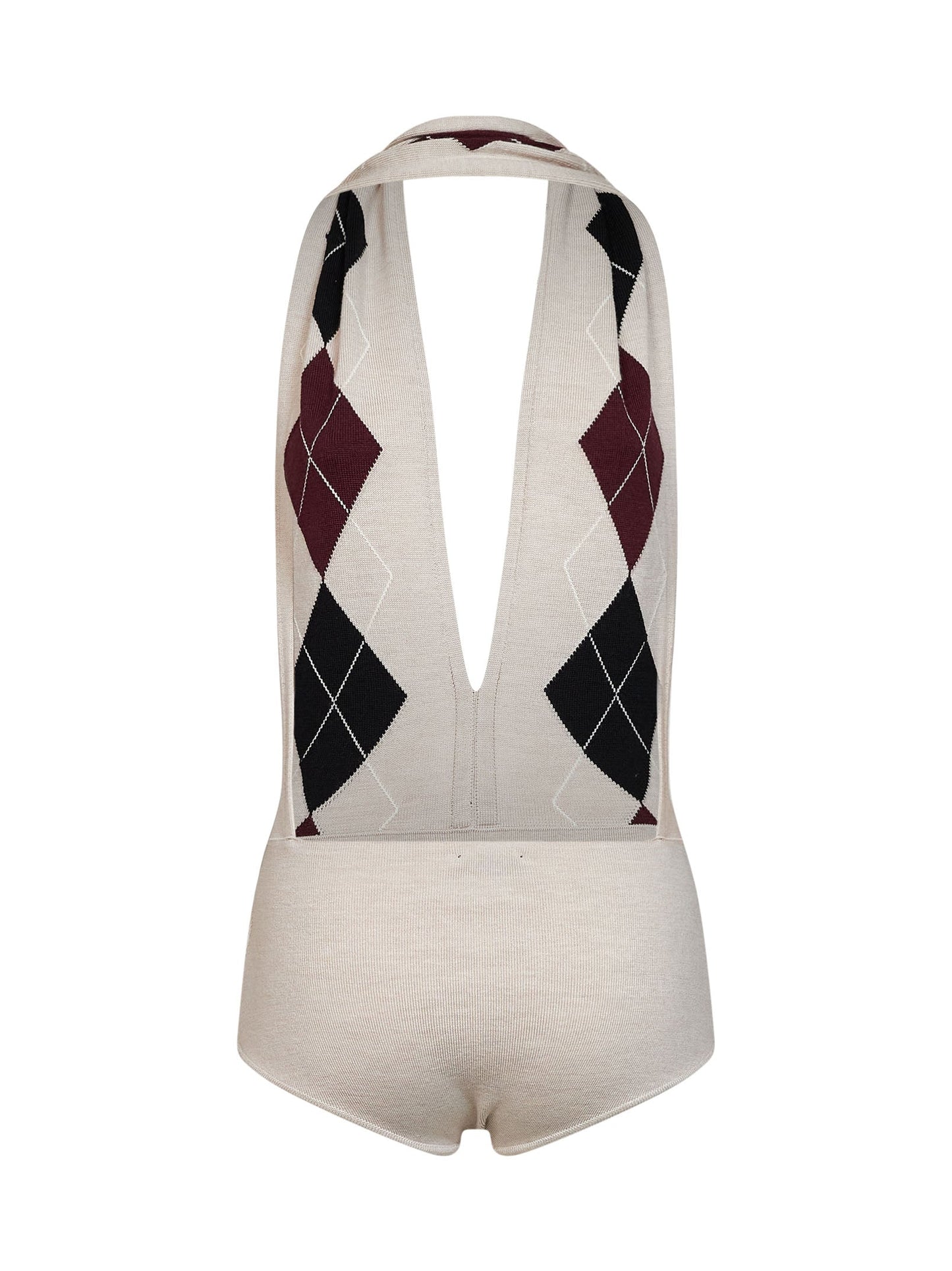 Mugler Women Beige Argyle-Pattern Virgin Wool Knit Bodysuit MUGLER