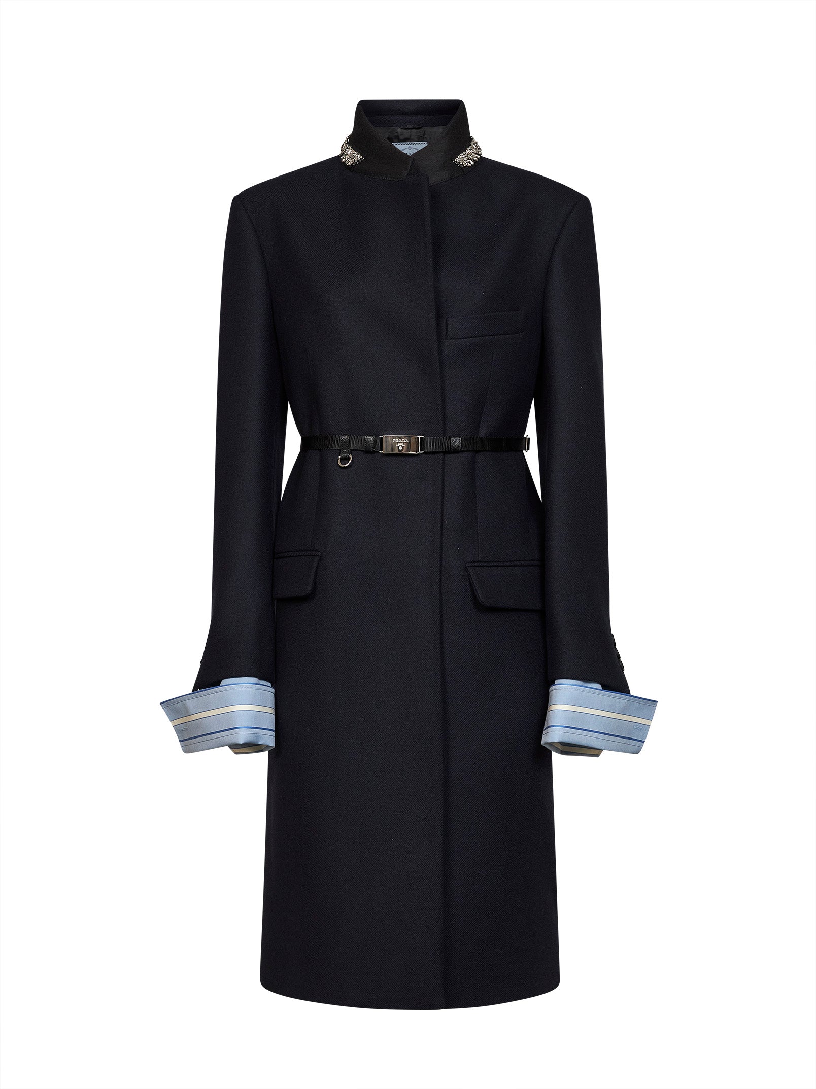 Prada Abbigliamento Women Blue Virgin Wool Embroidered Belted Coat PRADA