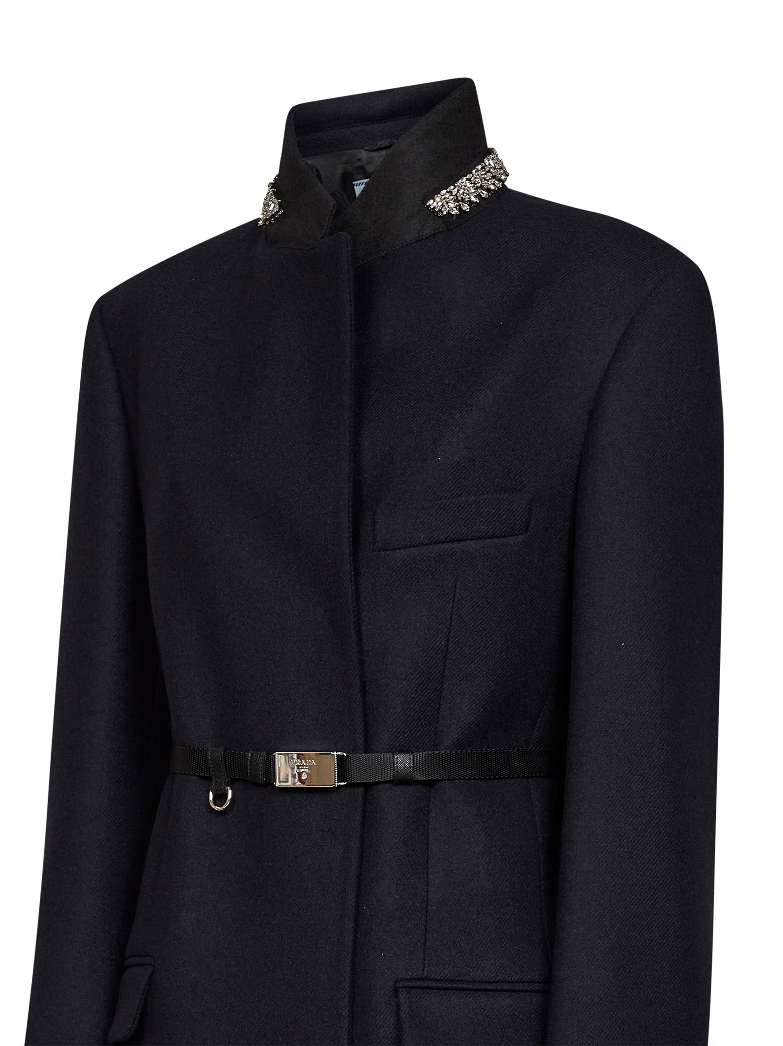 Prada Abbigliamento Women Blue Virgin Wool Embroidered Belted Coat PRADA