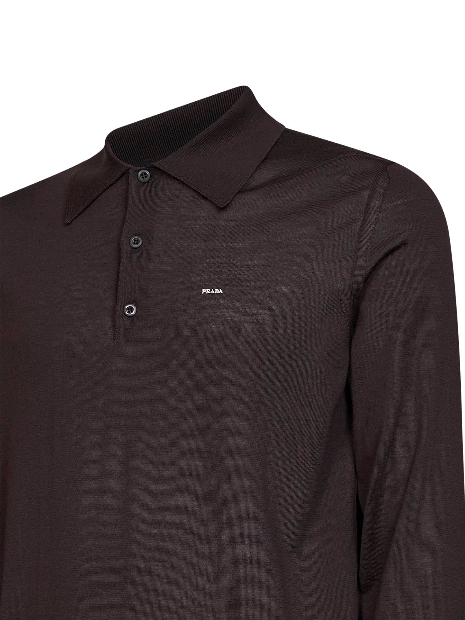 Prada Abbigliamento Men Dark Brown Combed Wool Long-Sleeved Polo Shirt PRADA