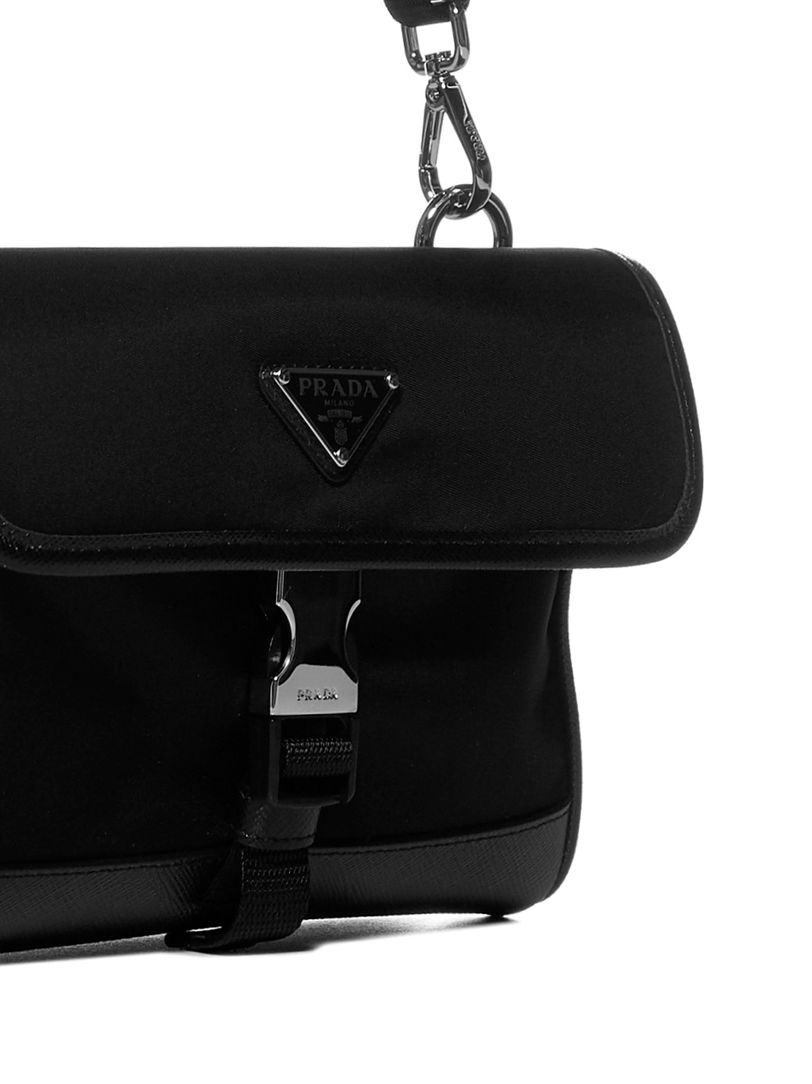 Prada Accessori Pelletteria Men Phone Holder In Black Re-Nylon And Saffiano Leather PRADA