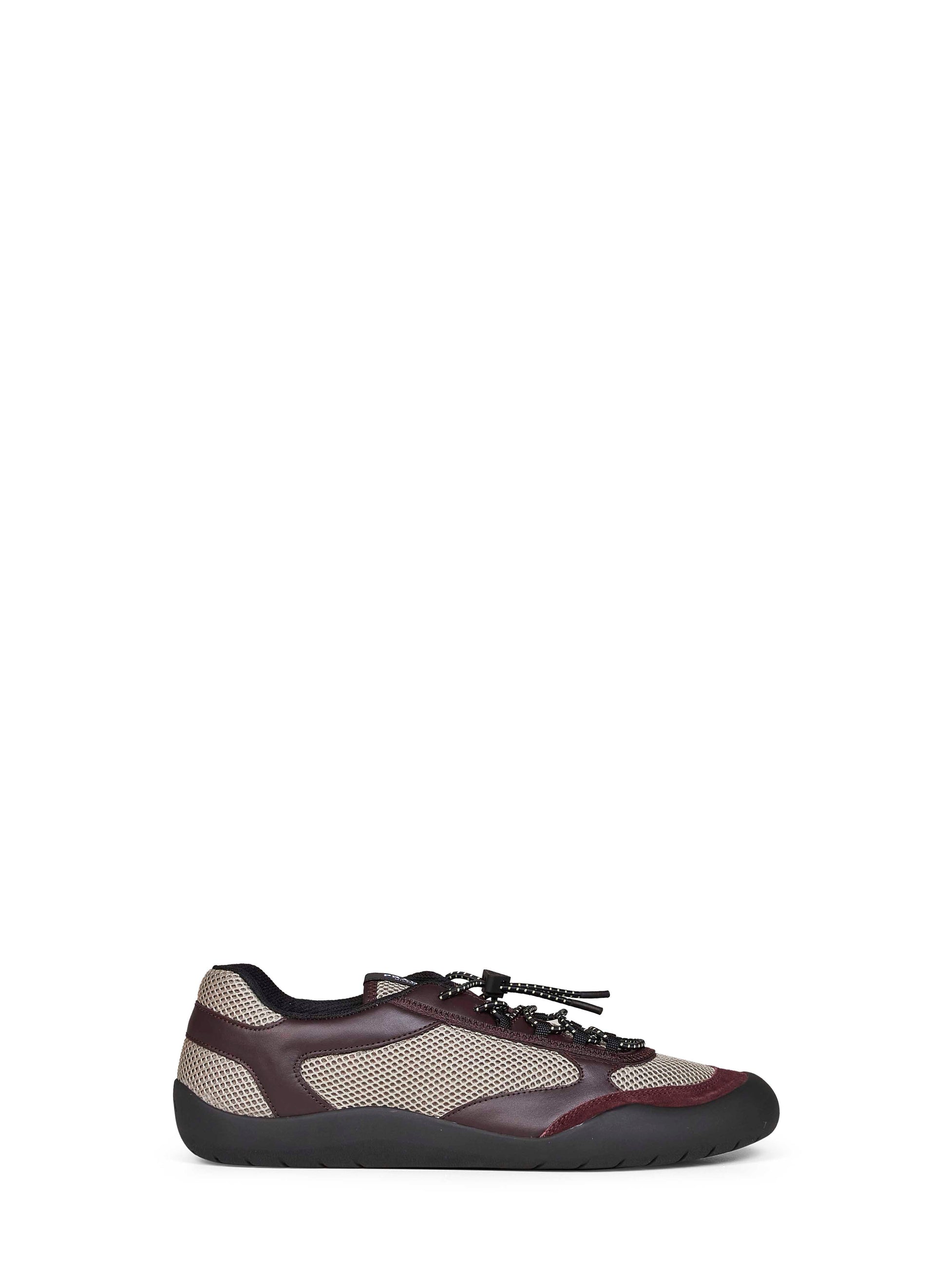 Prada Calzature Men Clay And Burgundy Leather And Mesh Fabric Speedrock Sneakers PRADA