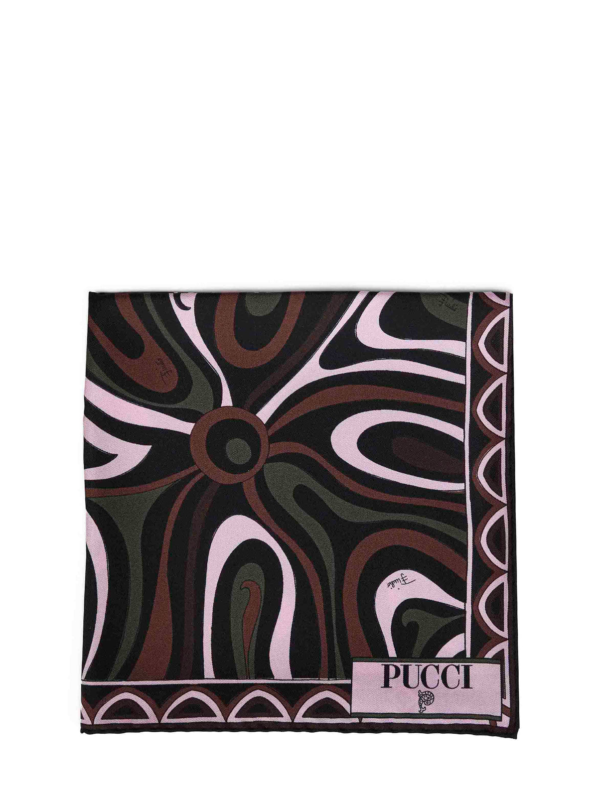 Pucci Women Khaki And Pink Marmo And Leocorno-Prints Silk Twill Scarf<Br/> PUCCI