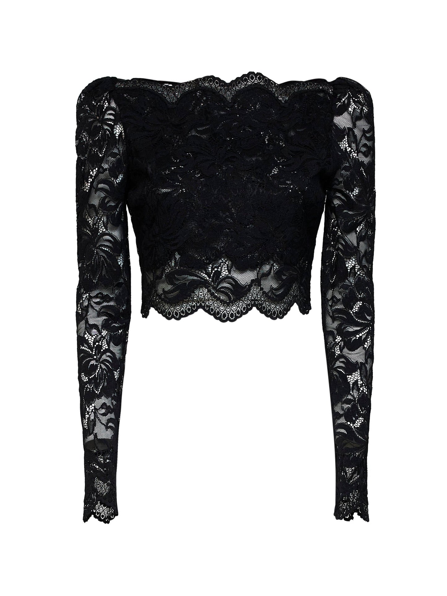 Rabanne Women Black Stretch Floral Lace Long-Sleeved Cropped Top PACO RABANNE