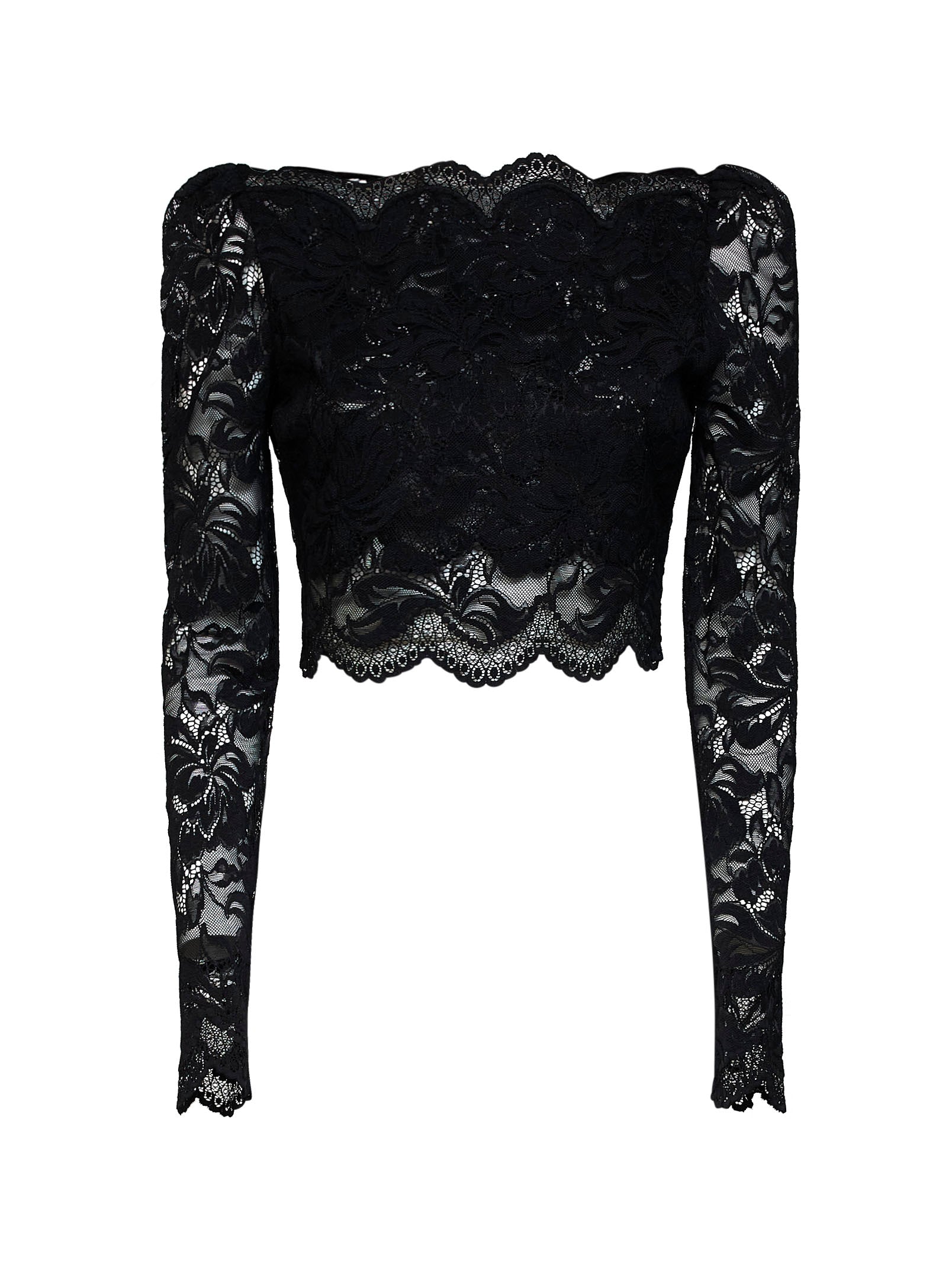 Rabanne Women Black Stretch Floral Lace Long-Sleeved Cropped Top PACO RABANNE