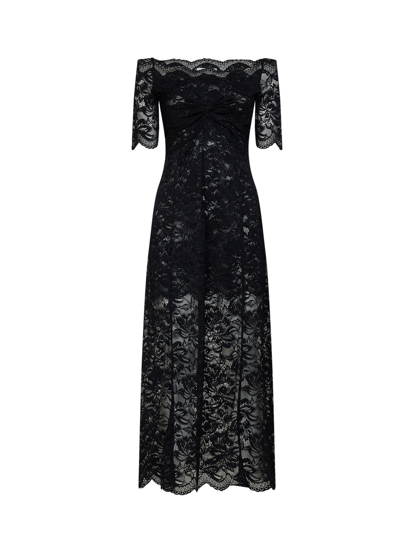 Rabanne Women Black Layered Stretch Lace Off-The-Shoulder Maxi Dress PACO RABANNE