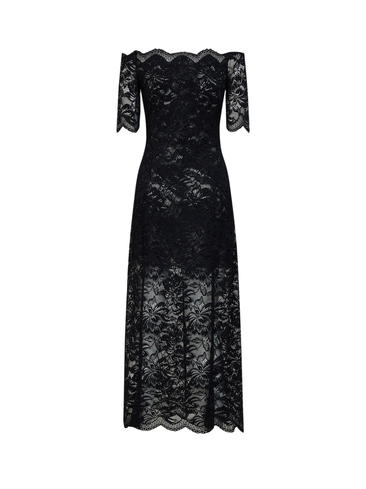 Rabanne Women Black Layered Stretch Lace Off-The-Shoulder Maxi Dress PACO RABANNE