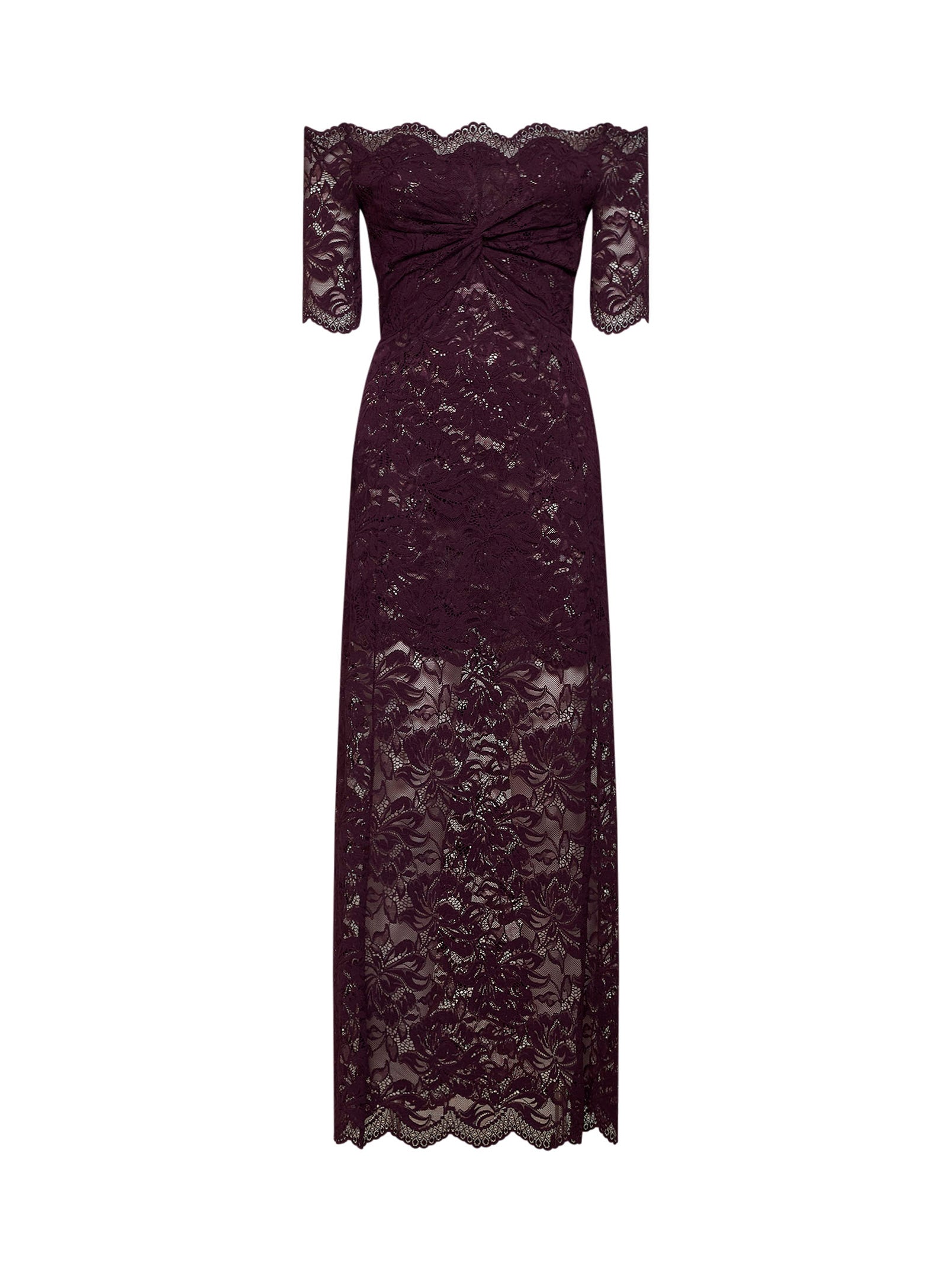 Rabanne Women Magenta Purple Stretch Floral Lace Layered Long Dress PACO RABANNE