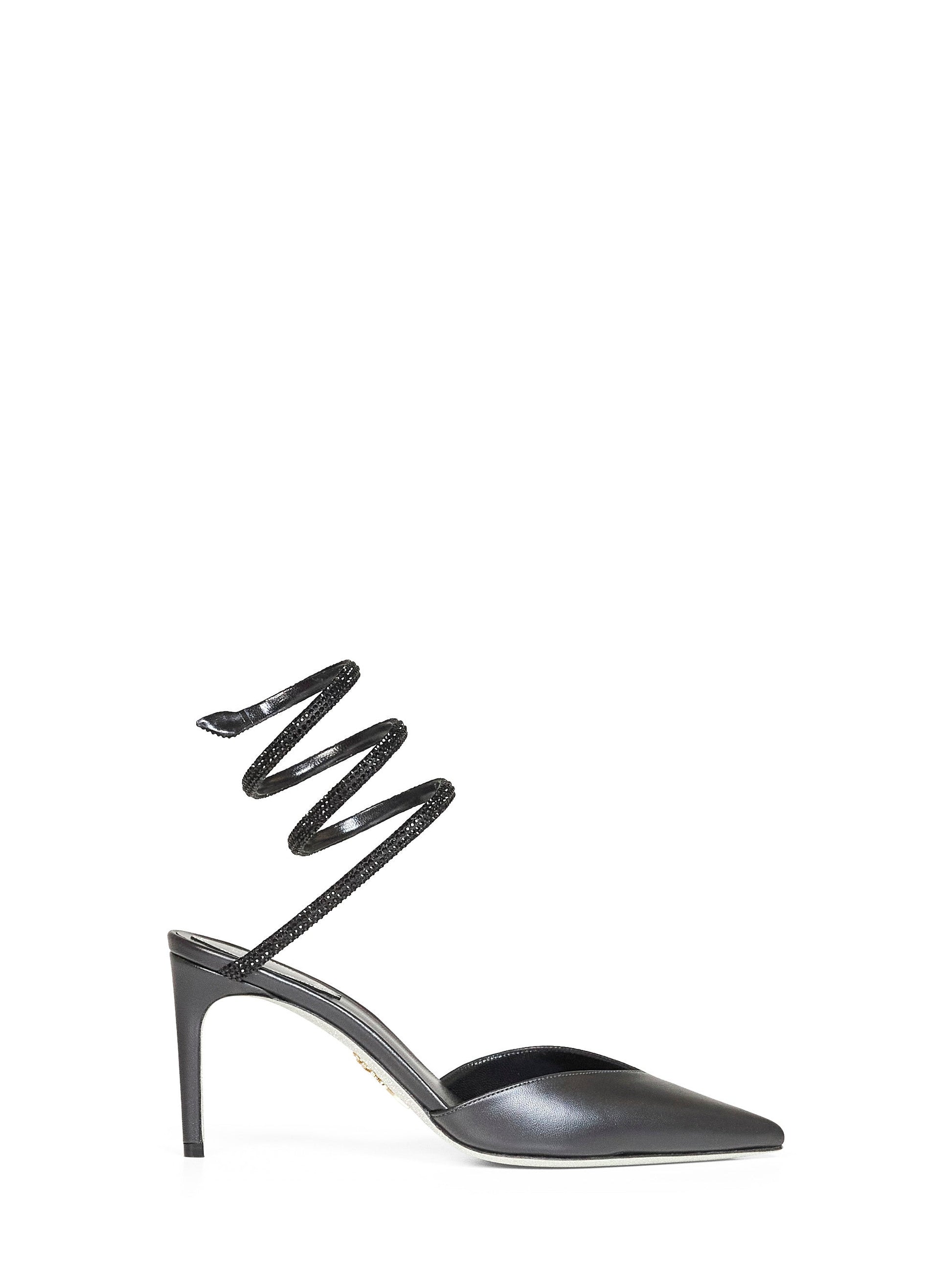 Rene Caovilla Women Black Nappa Leather Slingback Pumps With Crystal Snake Spiral RENE CAOVILLA