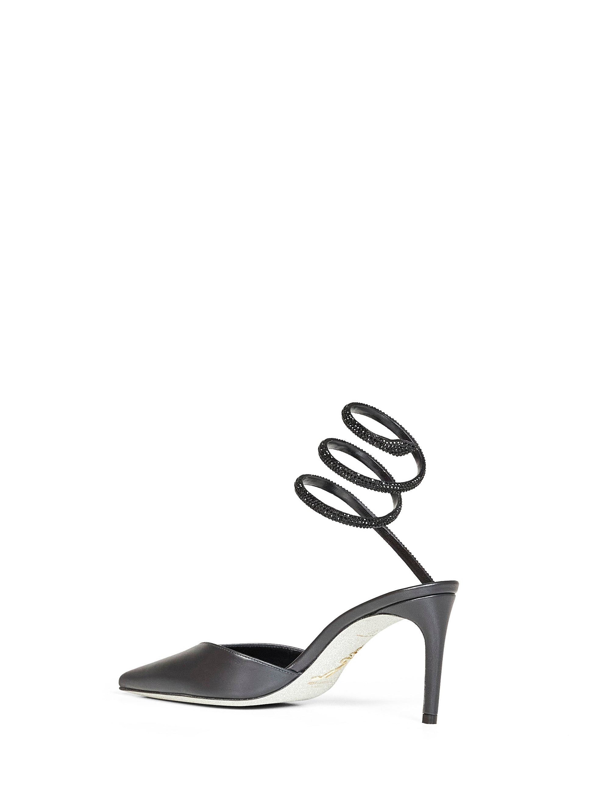 Rene Caovilla Women Black Nappa Leather Slingback Pumps With Crystal Snake Spiral RENE CAOVILLA