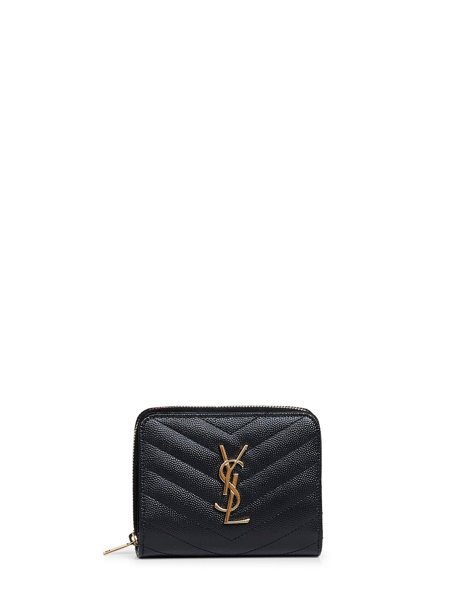 Saint Laurent Women Black Leather Cassandre Compact Zip Around Wallet SAINT LAURENT