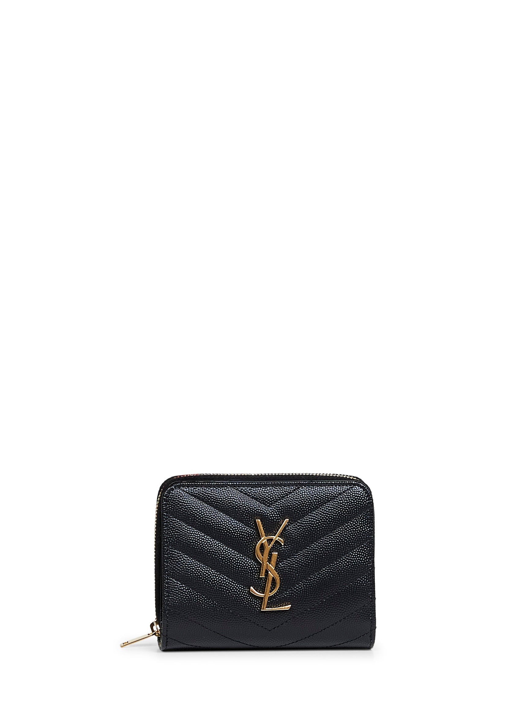 Saint Laurent Women Black Leather Cassandre Compact Zip Around Wallet SAINT LAURENT