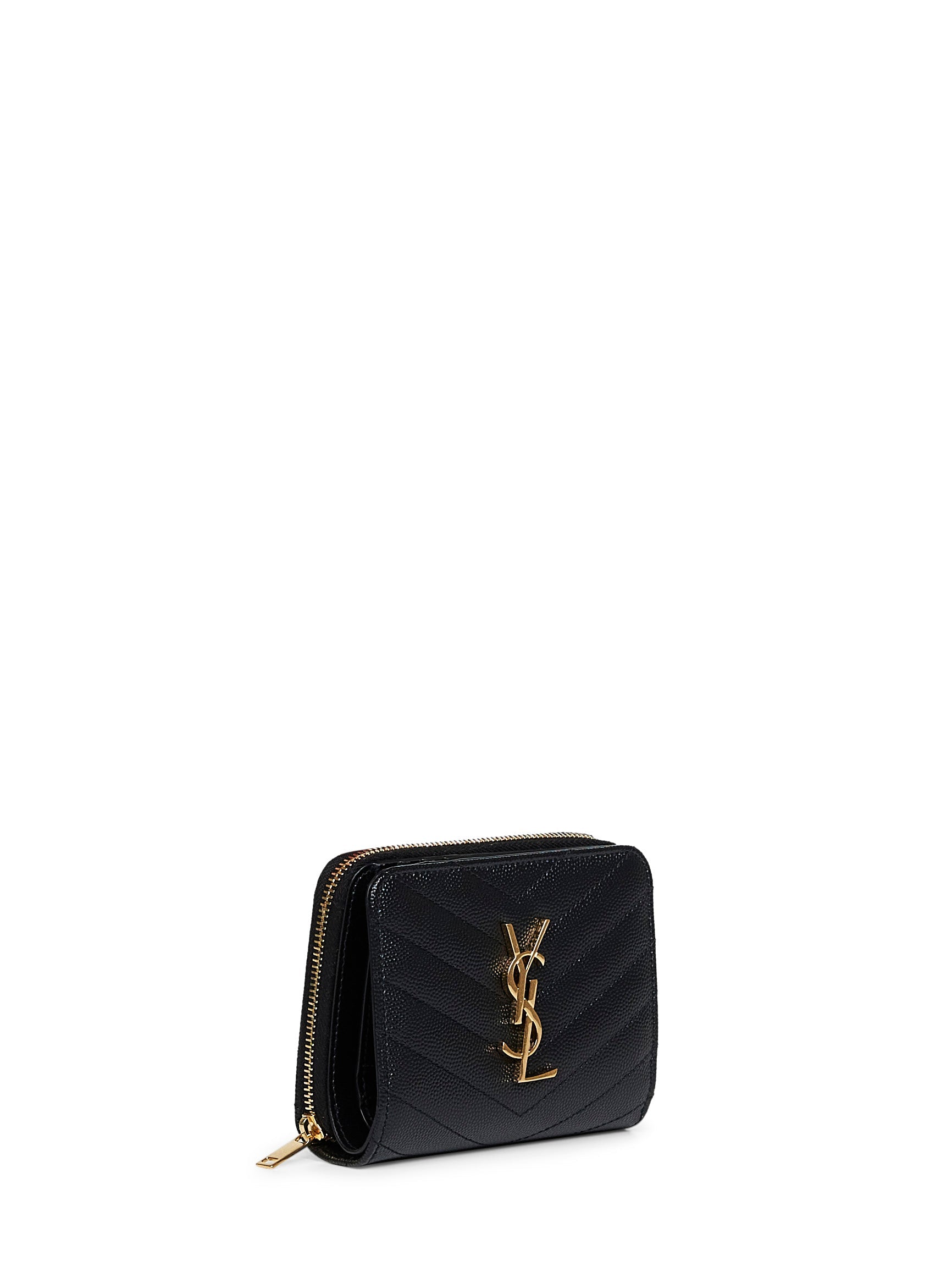 Saint Laurent Women Black Leather Cassandre Compact Zip Around Wallet SAINT LAURENT