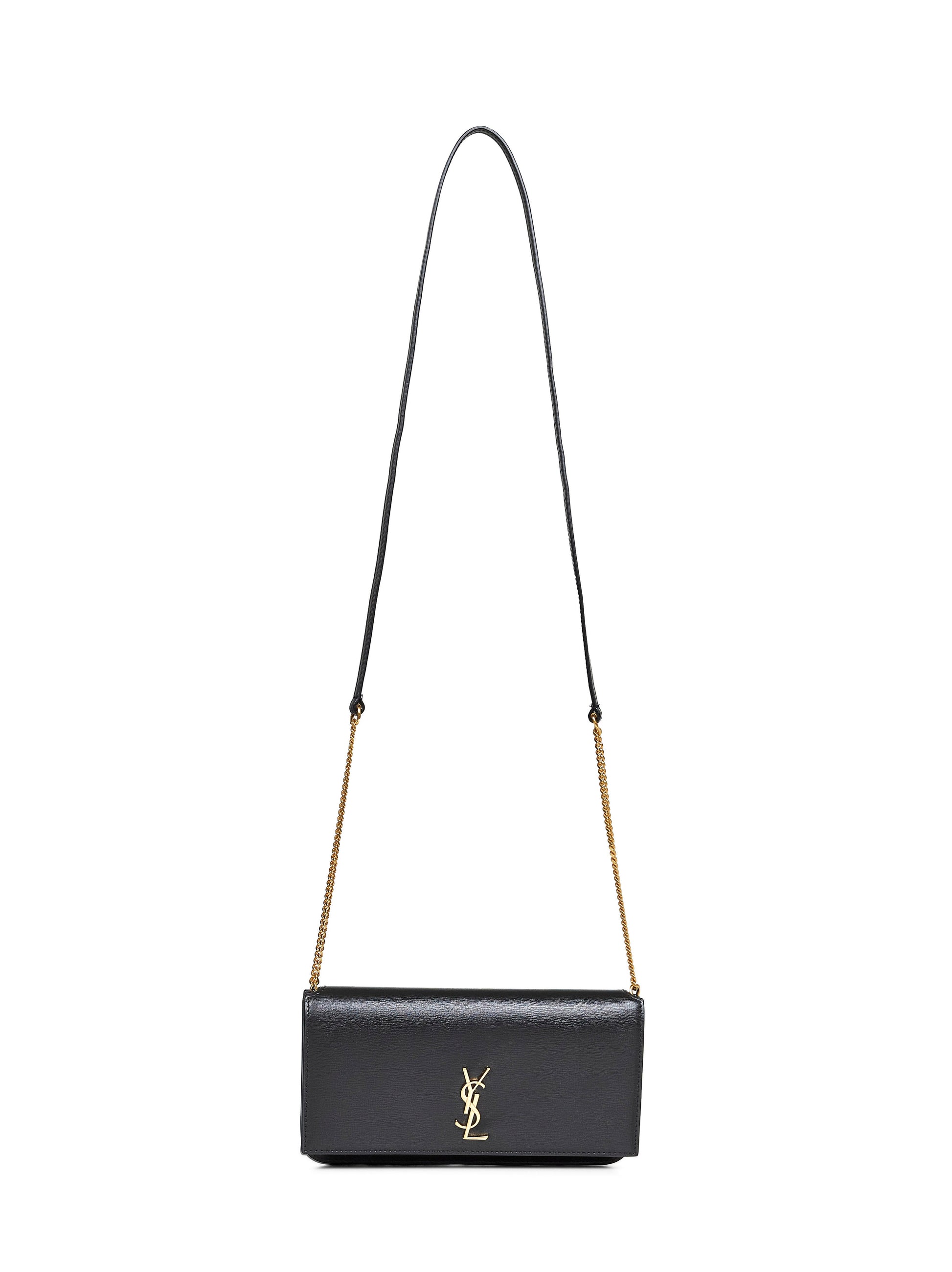 Saint Laurent Women Black Cassandre Phone Holder With Shoulder Strap SAINT LAURENT