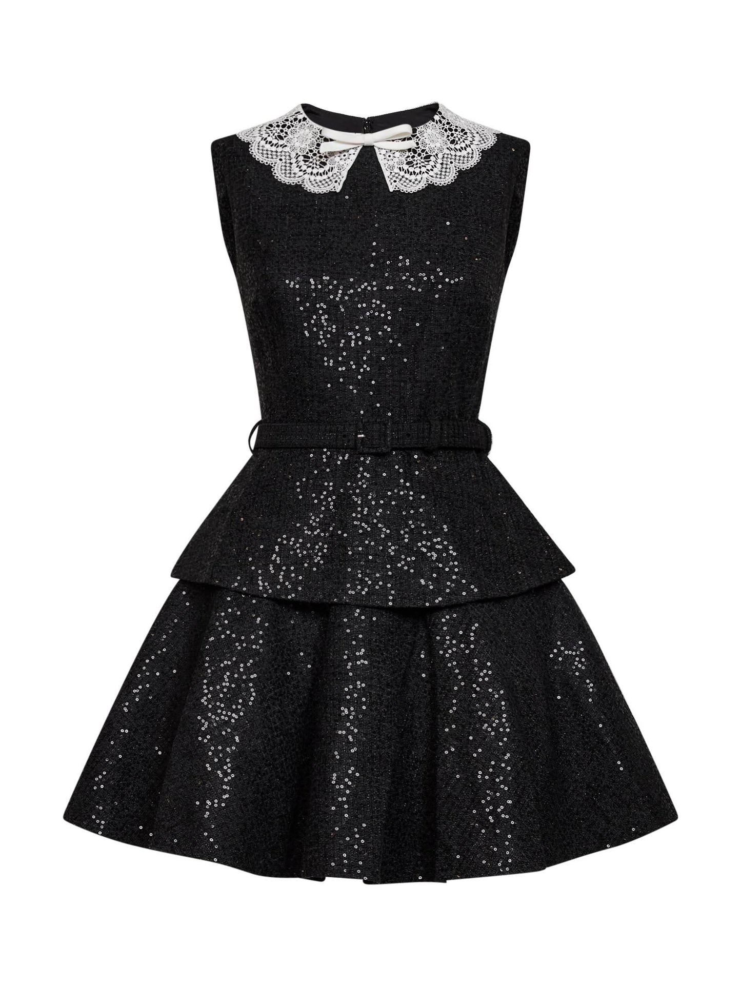 Self Portrait Women Black Sequin Bouclé Belted Peplum Mini Dress SELF-PORTRAIT
