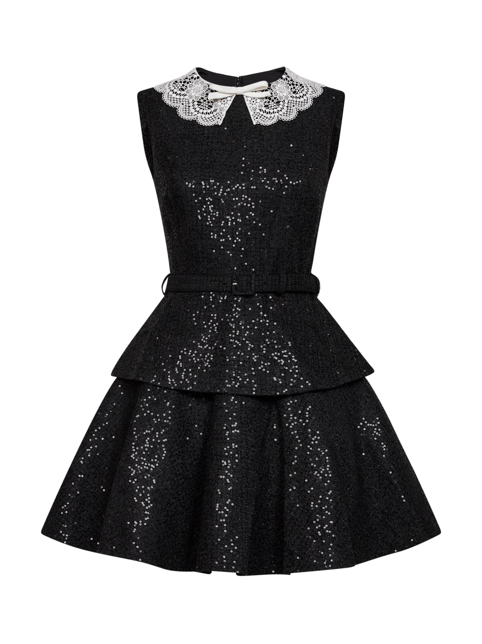 Self Portrait Women Black Sequin Bouclé Belted Peplum Mini Dress SELF-PORTRAIT